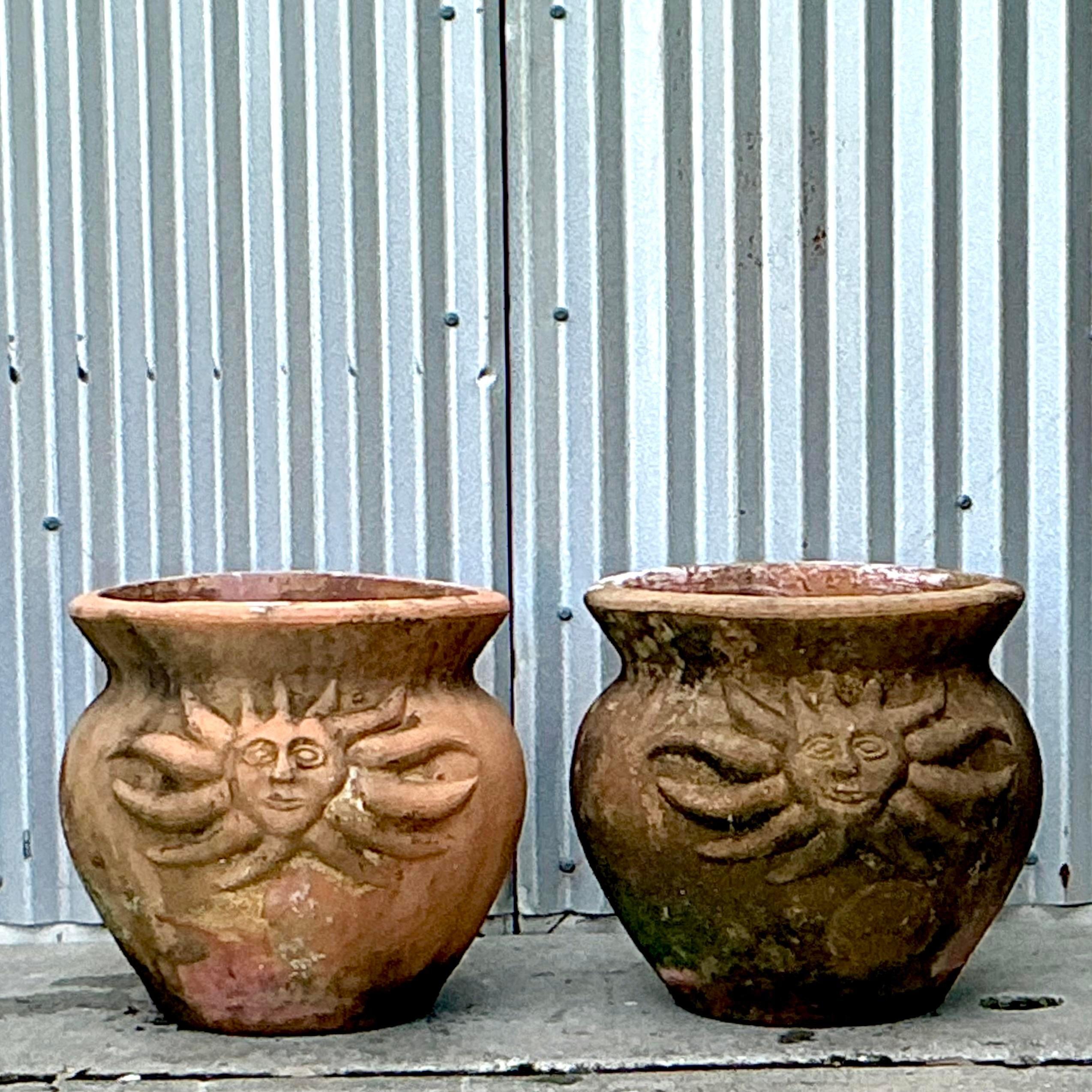 Vintage Coastal Sun Terra Cotta Planters - a Pair 2