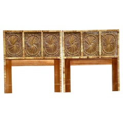 Vintage Coastal Sunburst Rattan Twin Headboards - A Pair