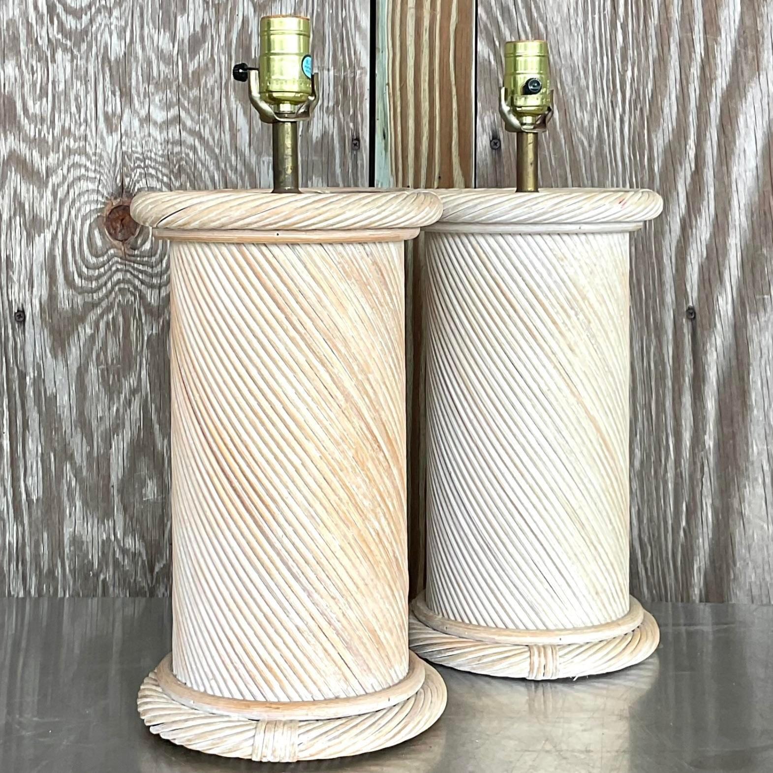 Philippine Vintage Coastal Swirl Pencil Reed Lamps - a Pair For Sale