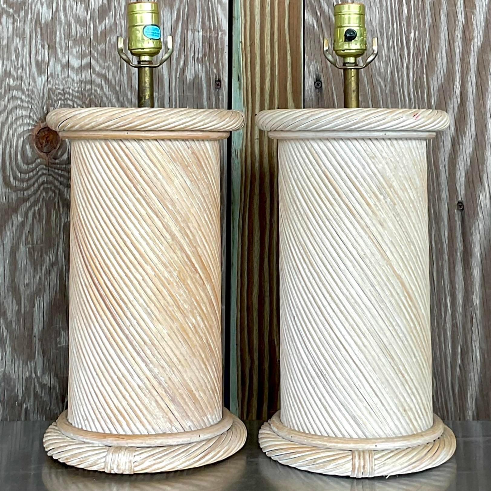 Vintage Coastal Swirl Pencil Reed Lamps - a Pair In Good Condition For Sale In west palm beach, FL