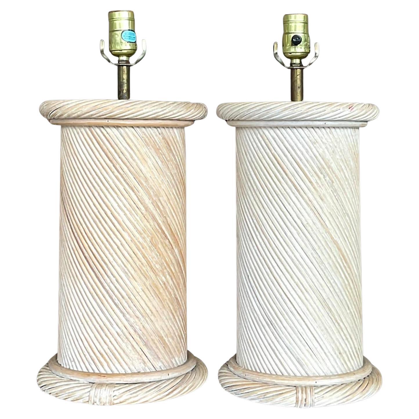 Vintage Coastal Swirl Pencil Reed Lamps - a Pair For Sale