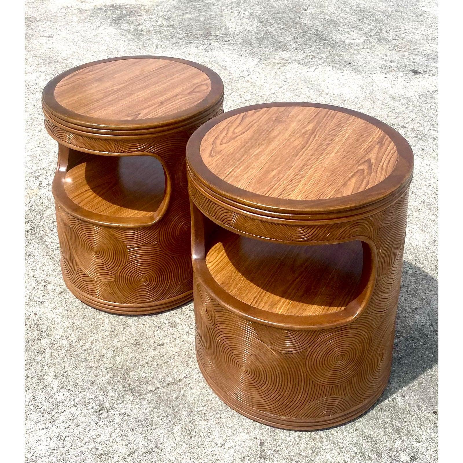 20th Century Vintage Coastal Swirl Pencil Reed Side Tables, a Pair