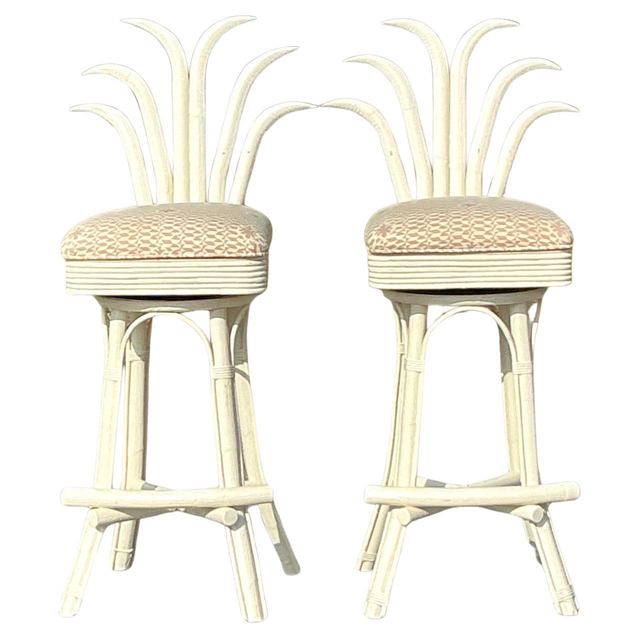 Vintage Coastal Swivel Pineapple Rattan Quadrille Covered Bar Stools - A Pair