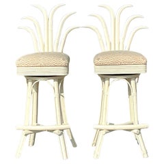 Vintage Coastal Swivel Pineapple Rattan Quadrille Covered Bar Stools - A Pair