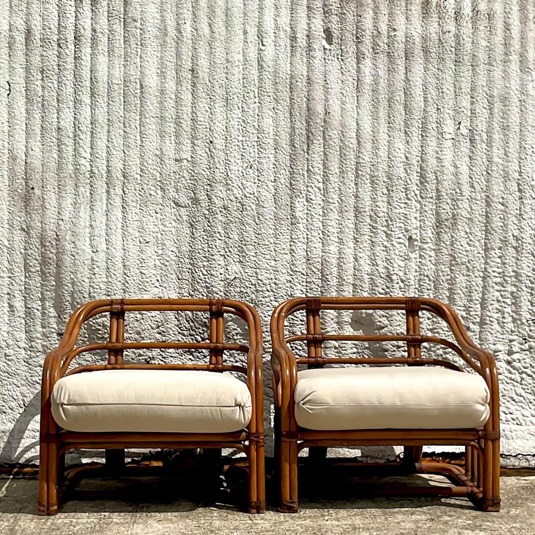 Philippine Vintage Coastal Tagged Brown Jordan Bent Rattan Lounge Chairs - a Pair