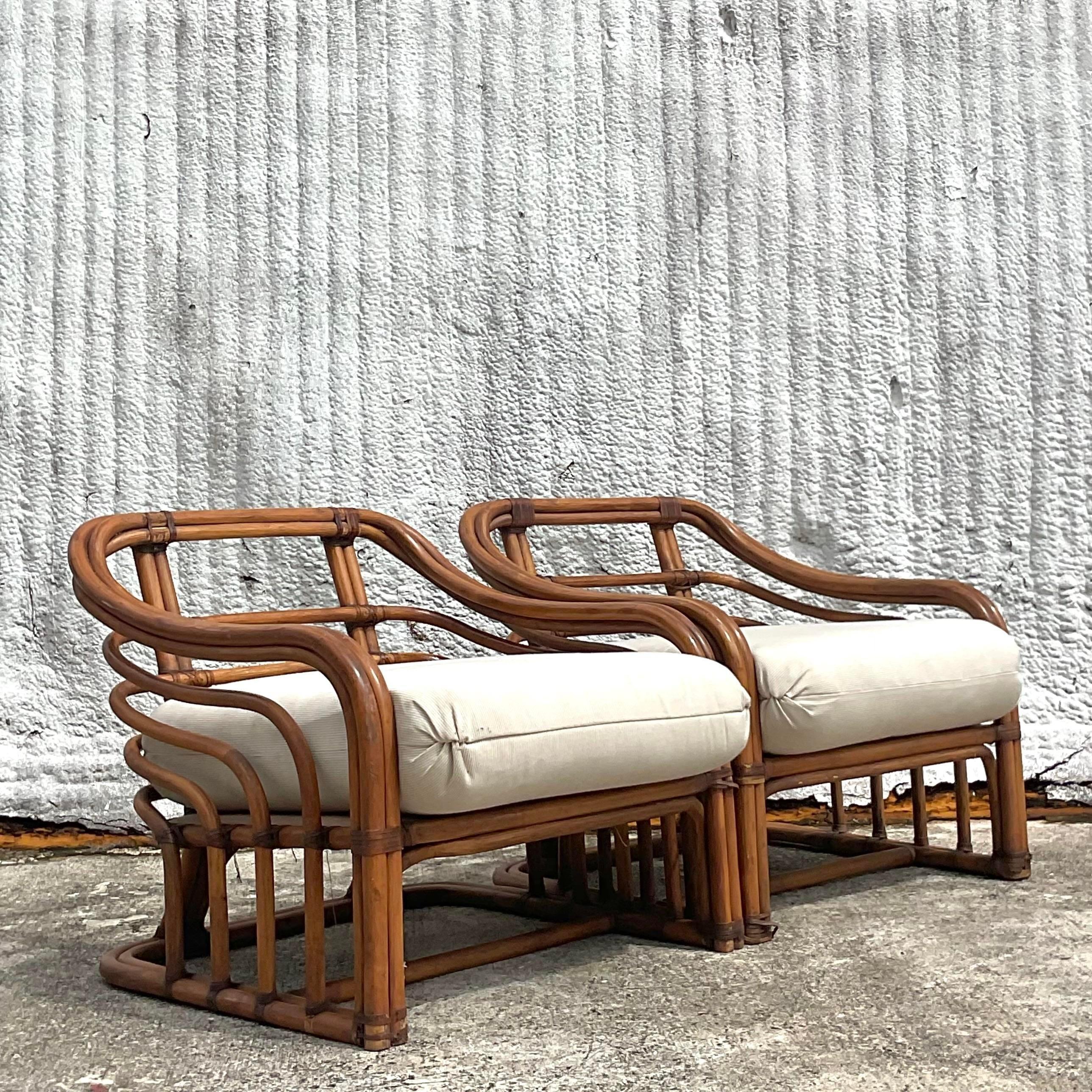 20th Century Vintage Coastal Tagged Brown Jordan Bent Rattan Lounge Chairs - a Pair