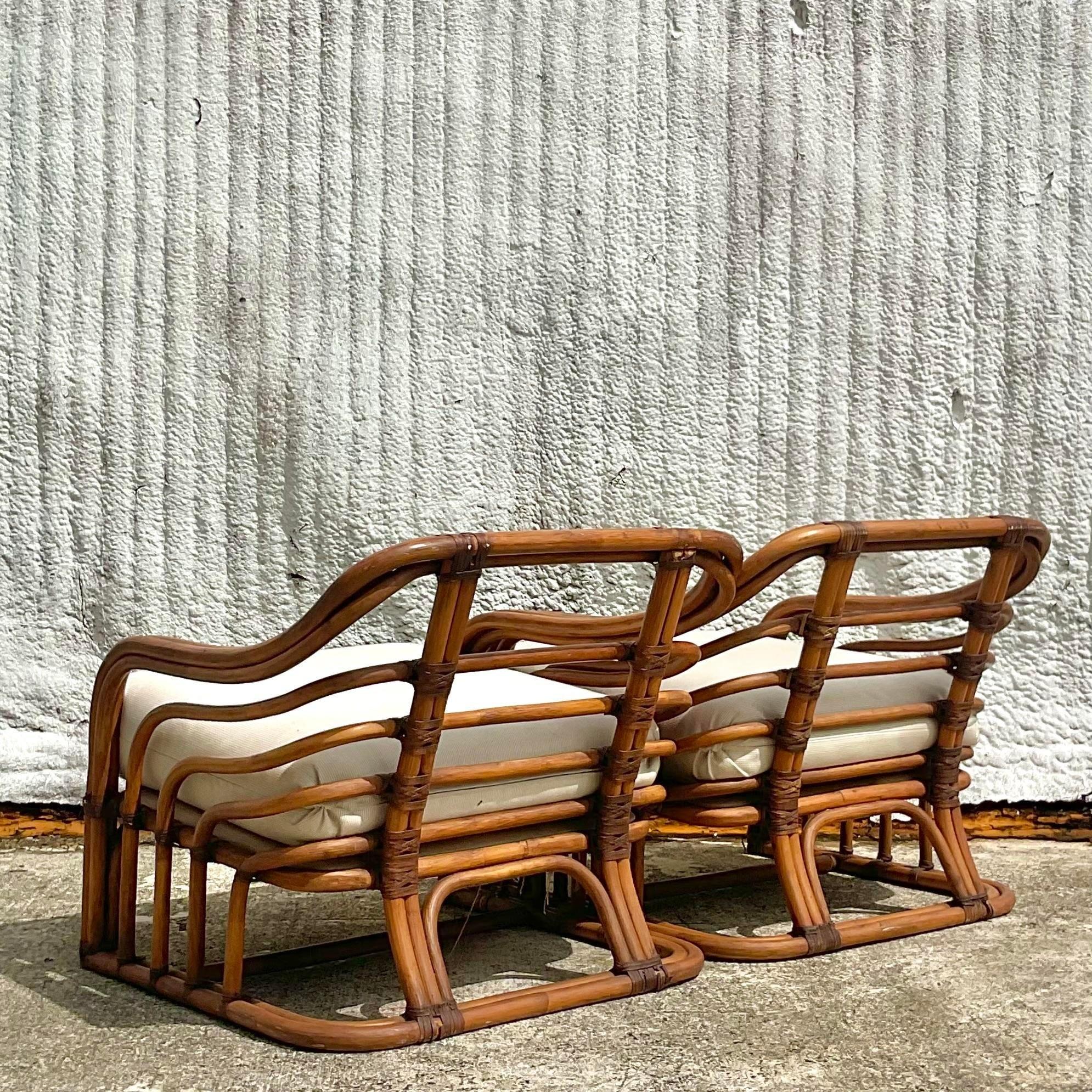 Upholstery Vintage Coastal Tagged Brown Jordan Bent Rattan Lounge Chairs - a Pair