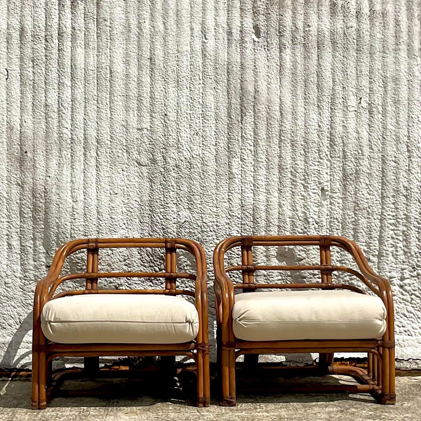 Vintage Coastal Tagged Brown Jordan Bent Rattan Lounge Chairs - a Pair 1