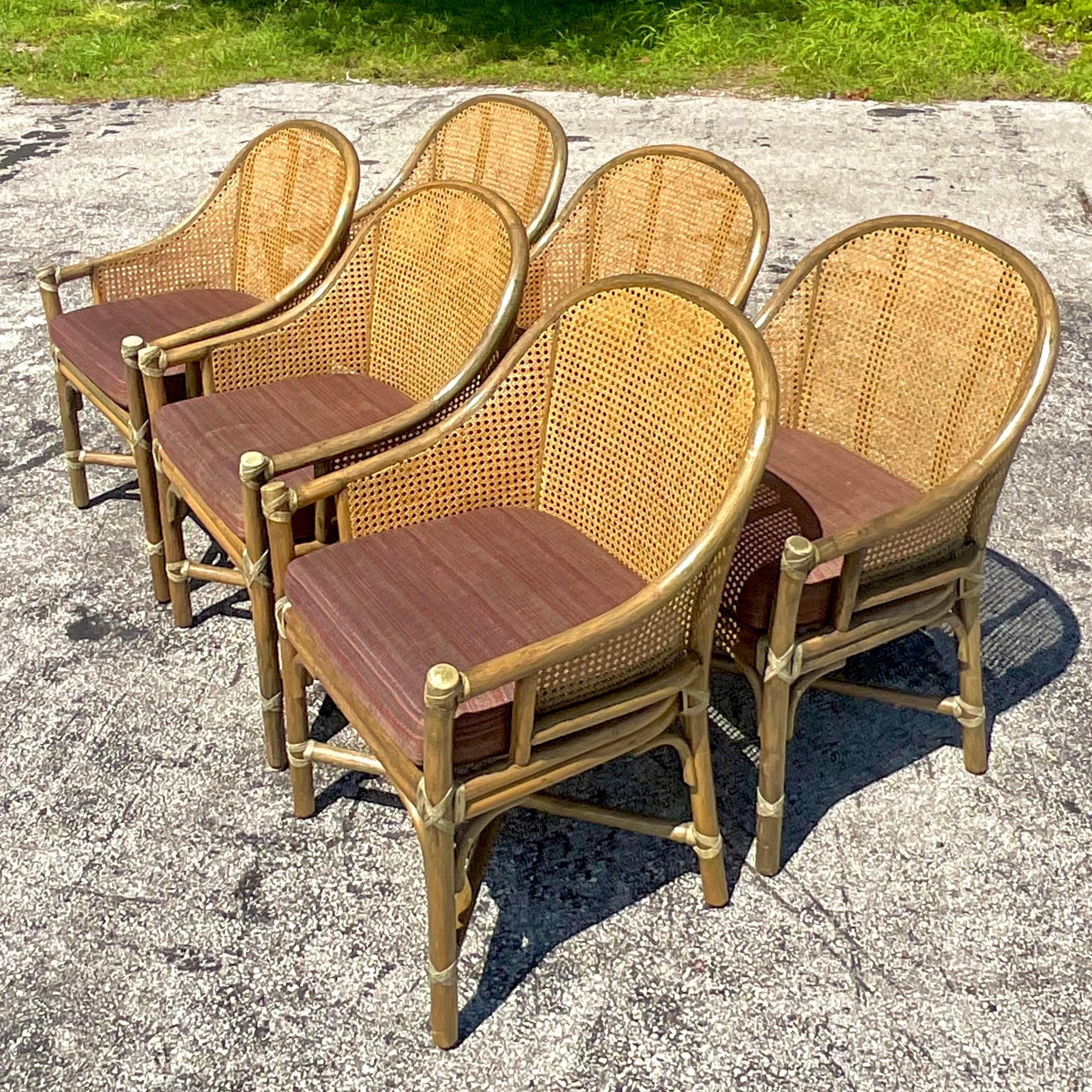 Vintage Coastal Tagged McGuire Cane Dining Chairs - Set of 6 In Good Condition In west palm beach, FL