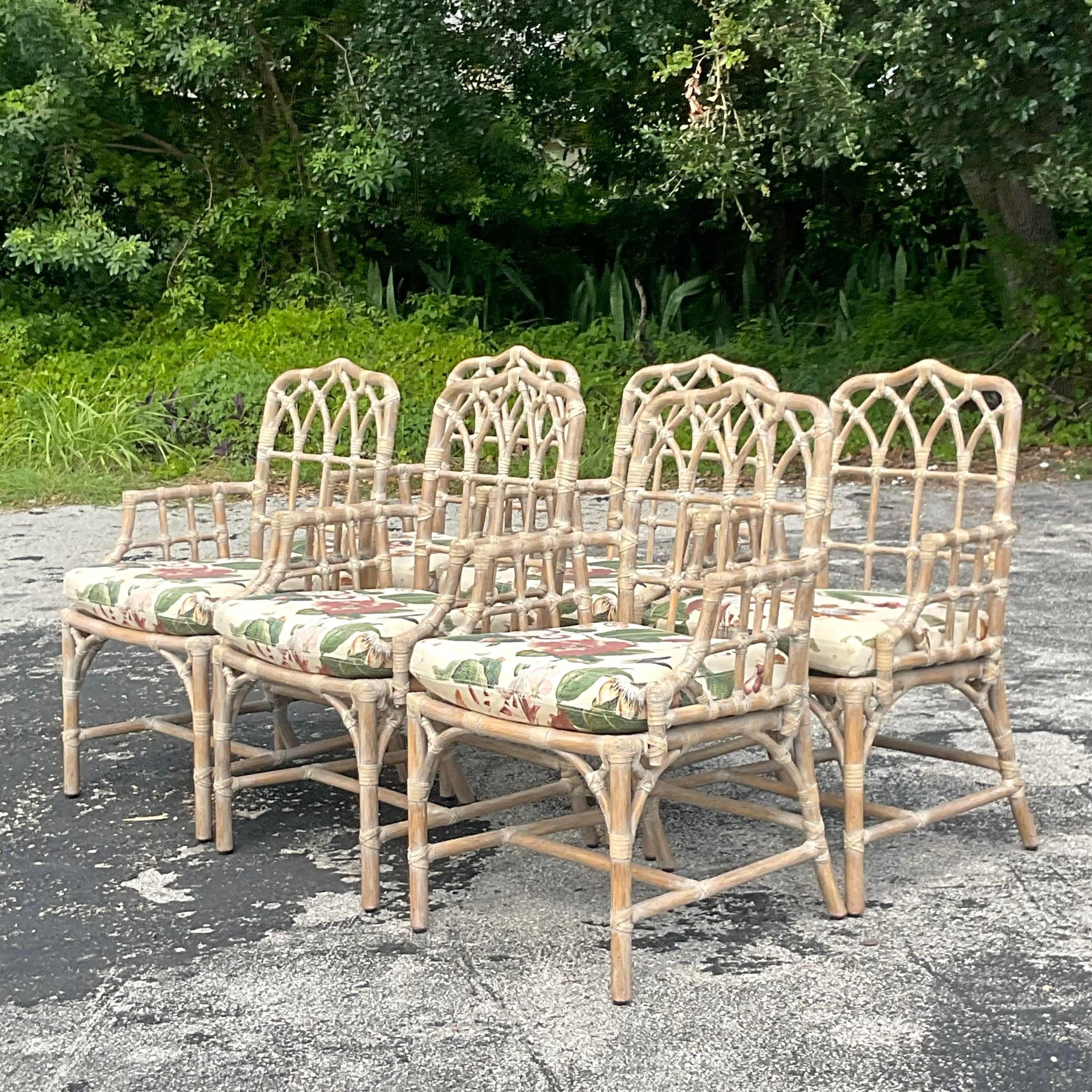 Vintage Coastal Tagged McGuire Cerused Cathedral Dining Chairs - Set of 6 In Good Condition In west palm beach, FL