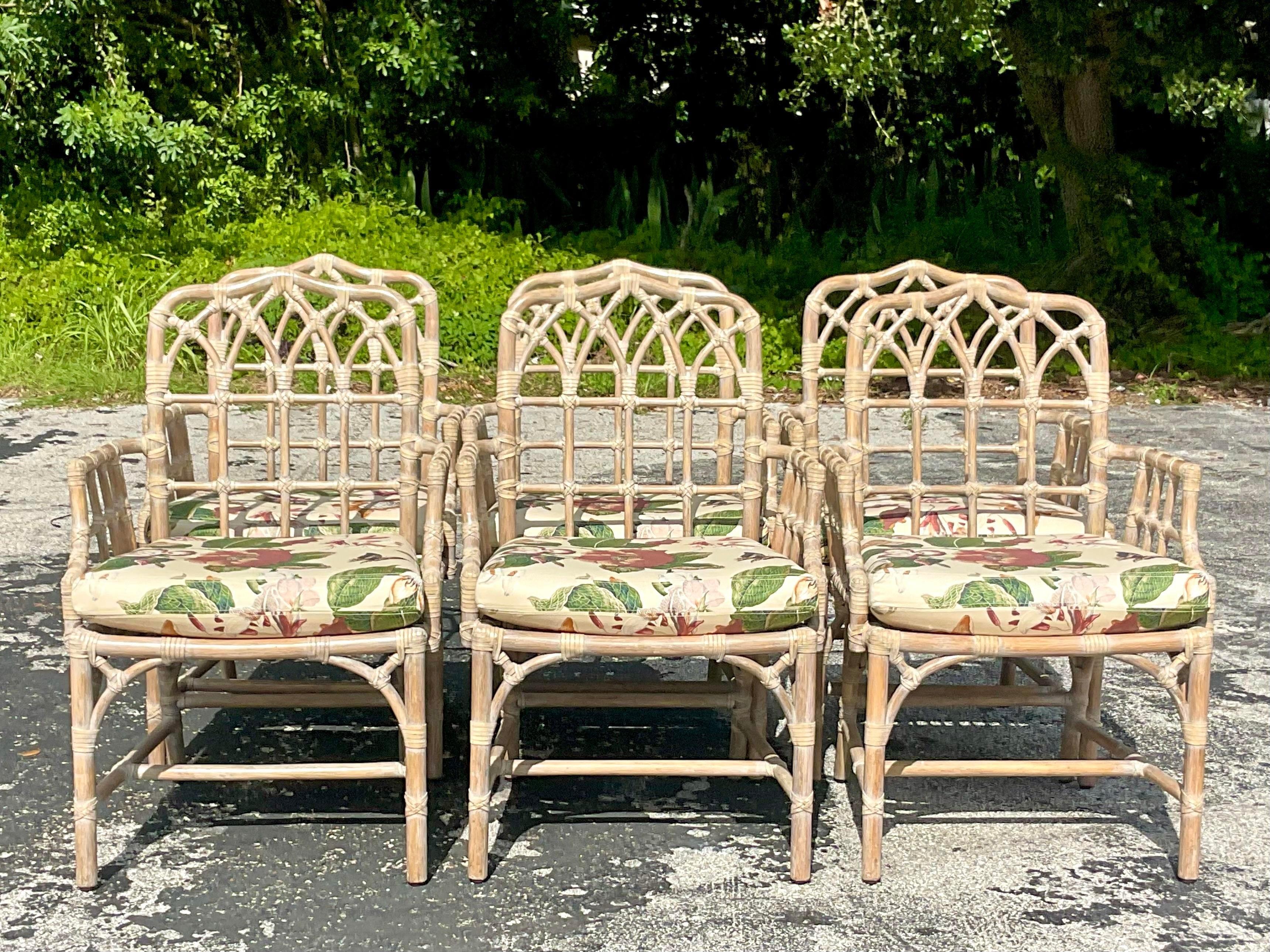 20th Century Vintage Coastal Tagged McGuire Cerused Cathedral Dining Chairs - Set of 6