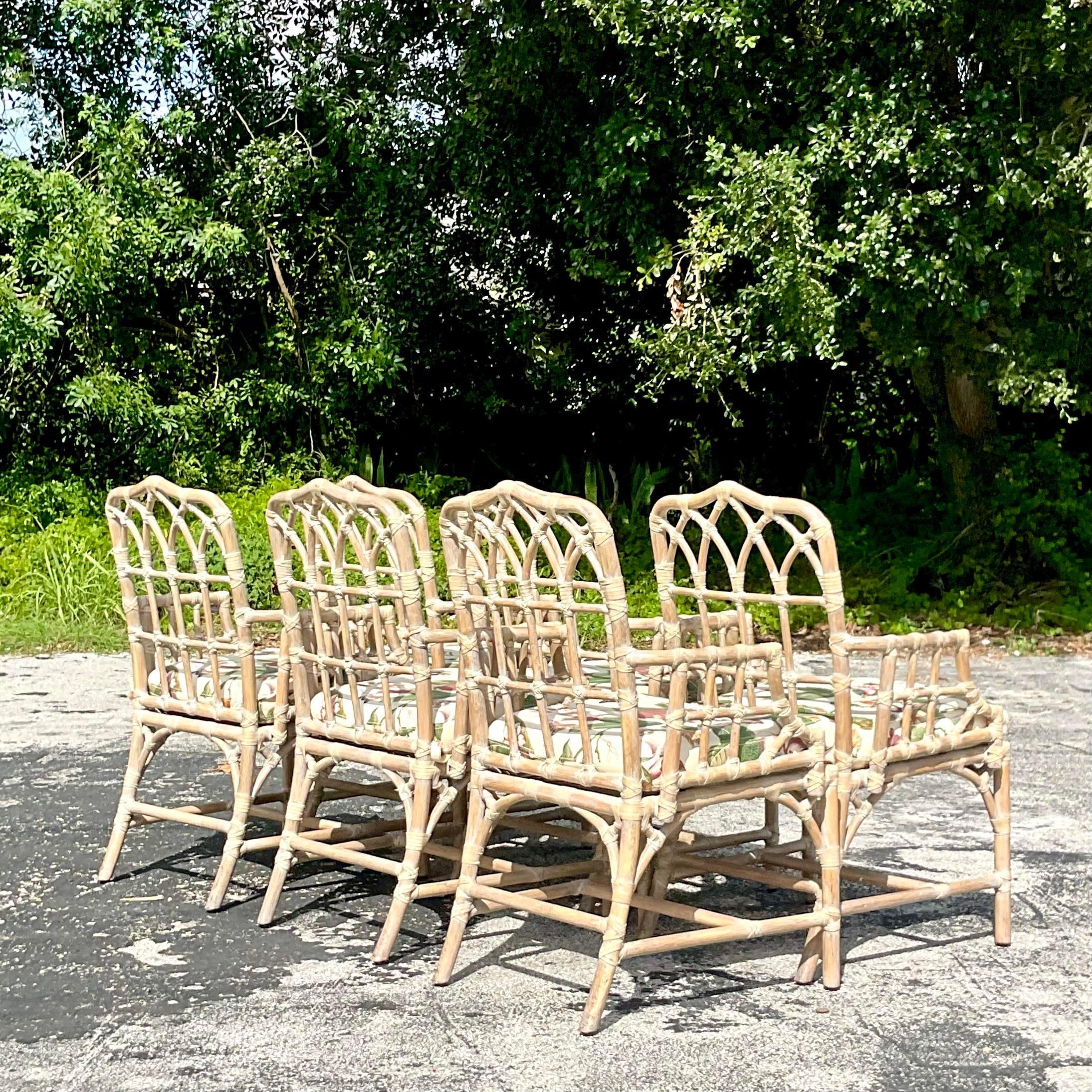 Upholstery Vintage Coastal Tagged McGuire Cerused Cathedral Dining Chairs - Set of 6