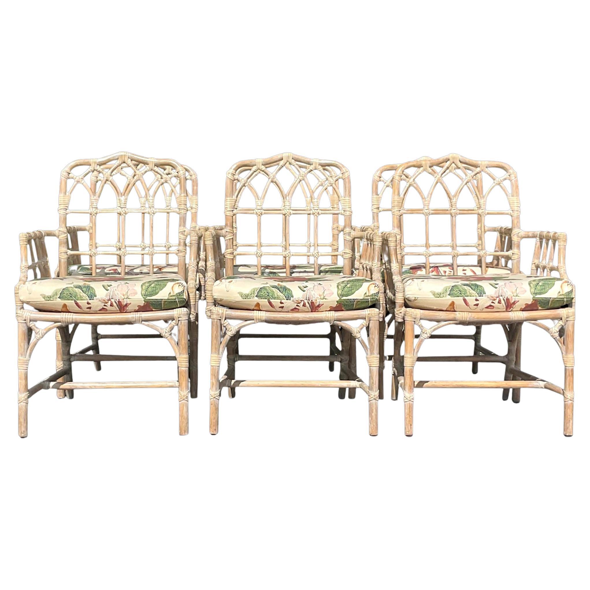 Vintage Coastal Tagged McGuire Cerused Cathedral Dining Chairs - Set of 6