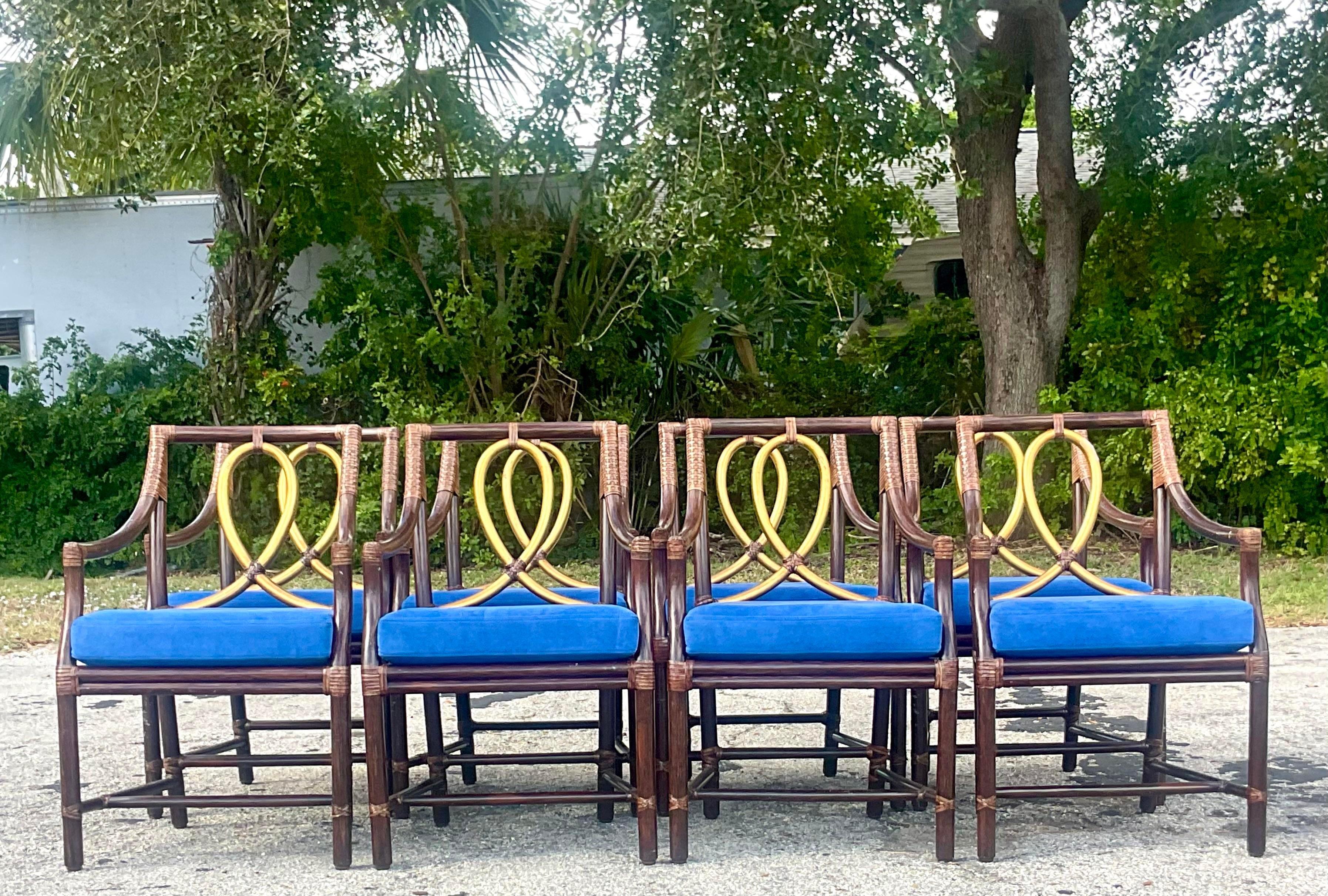 Vintage Coastal Tagged McGuire Gilt Loop Rattan Dining Chairs - Set of 8 For Sale 5