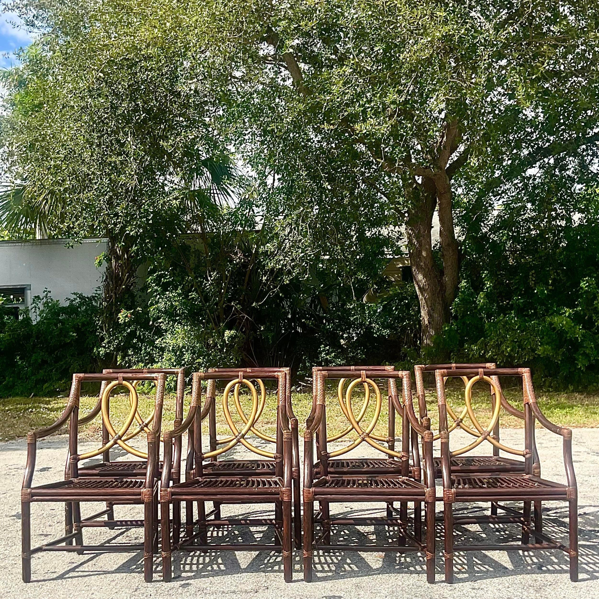 Philippine Vintage Coastal Tagged McGuire Gilt Loop Rattan Dining Chairs - Set of 8 For Sale