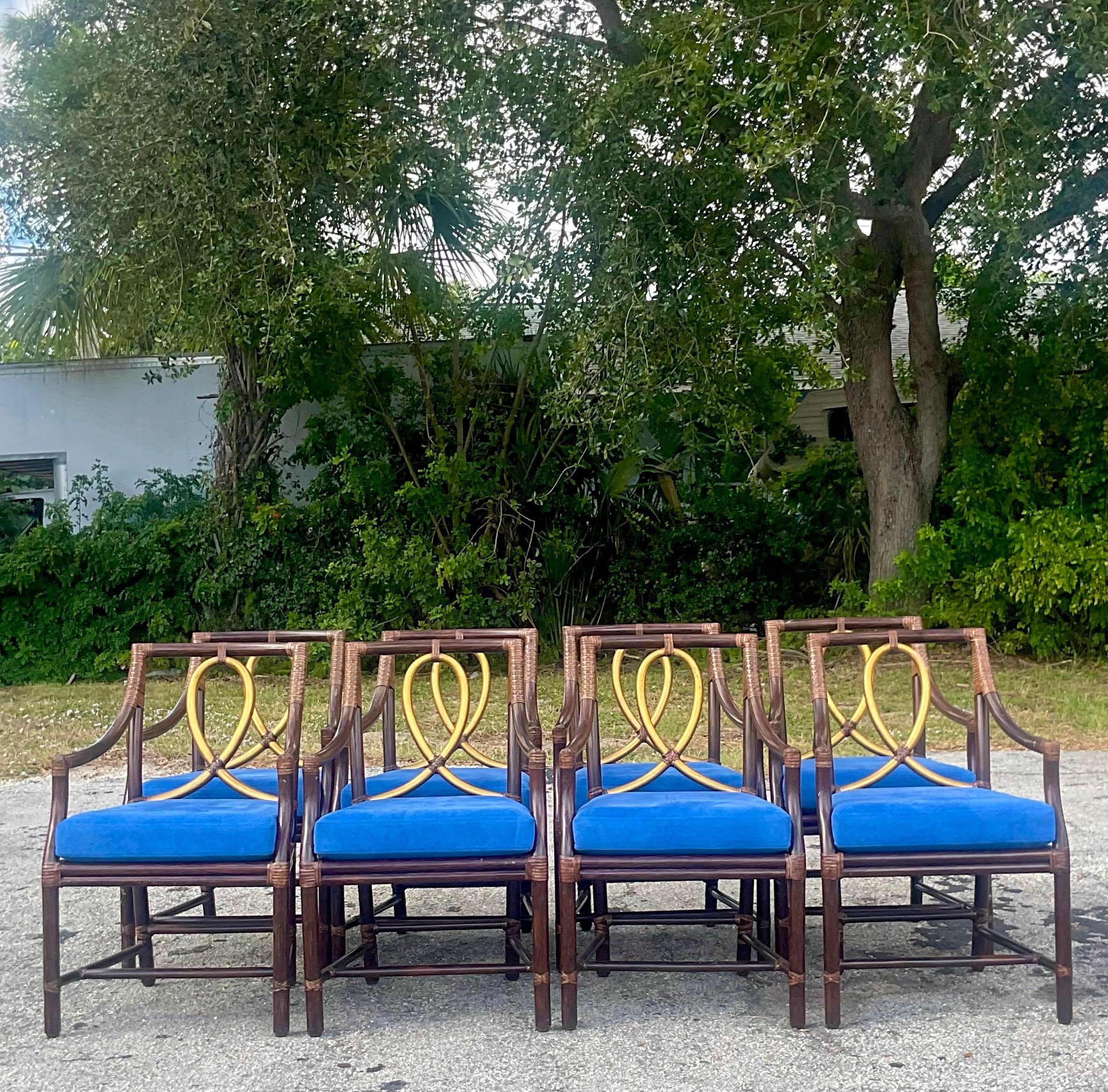Vintage Coastal Tagged McGuire Gilt Loop Rattan Dining Chairs - Set of 8 In Good Condition For Sale In west palm beach, FL