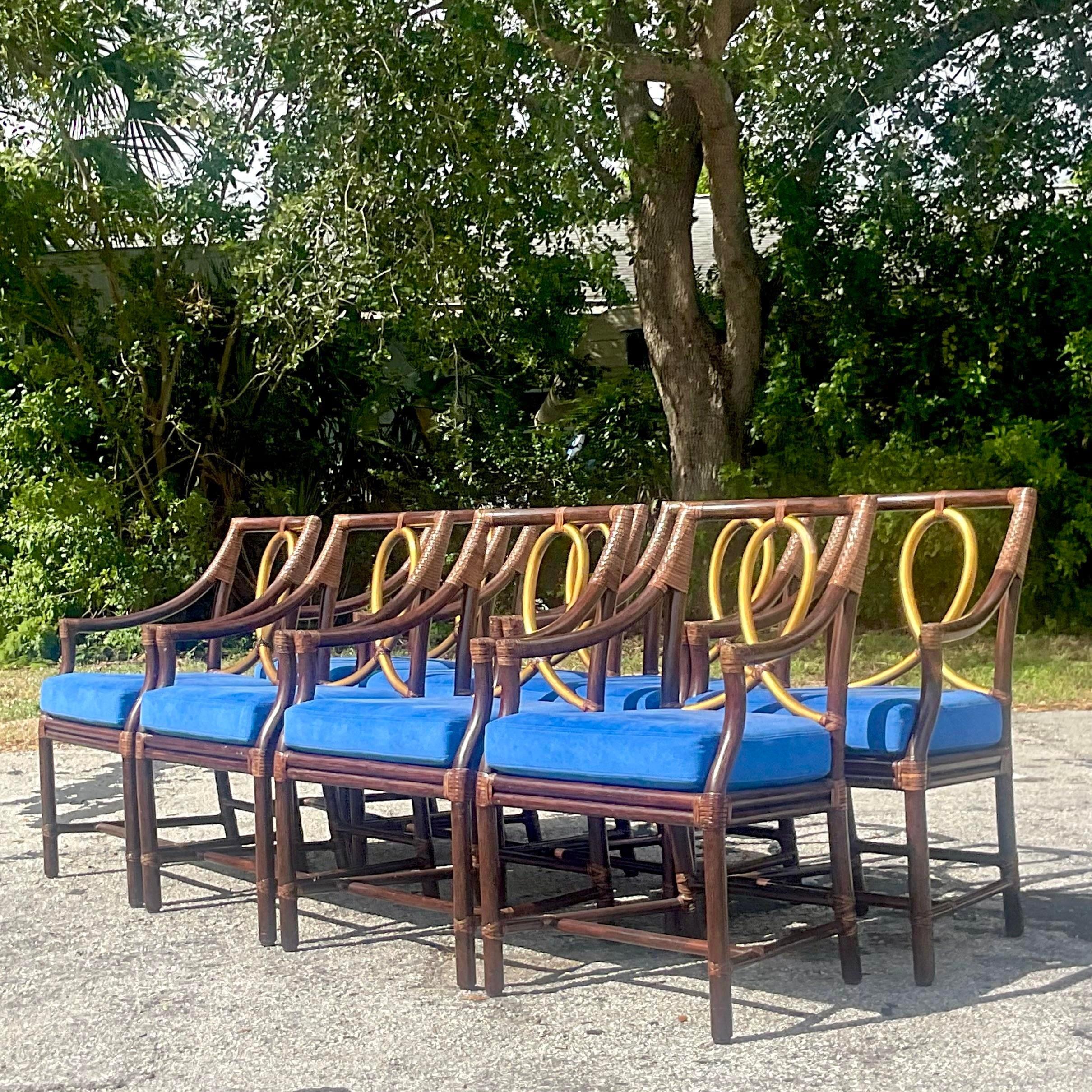 20th Century Vintage Coastal Tagged McGuire Gilt Loop Rattan Dining Chairs - Set of 8 For Sale