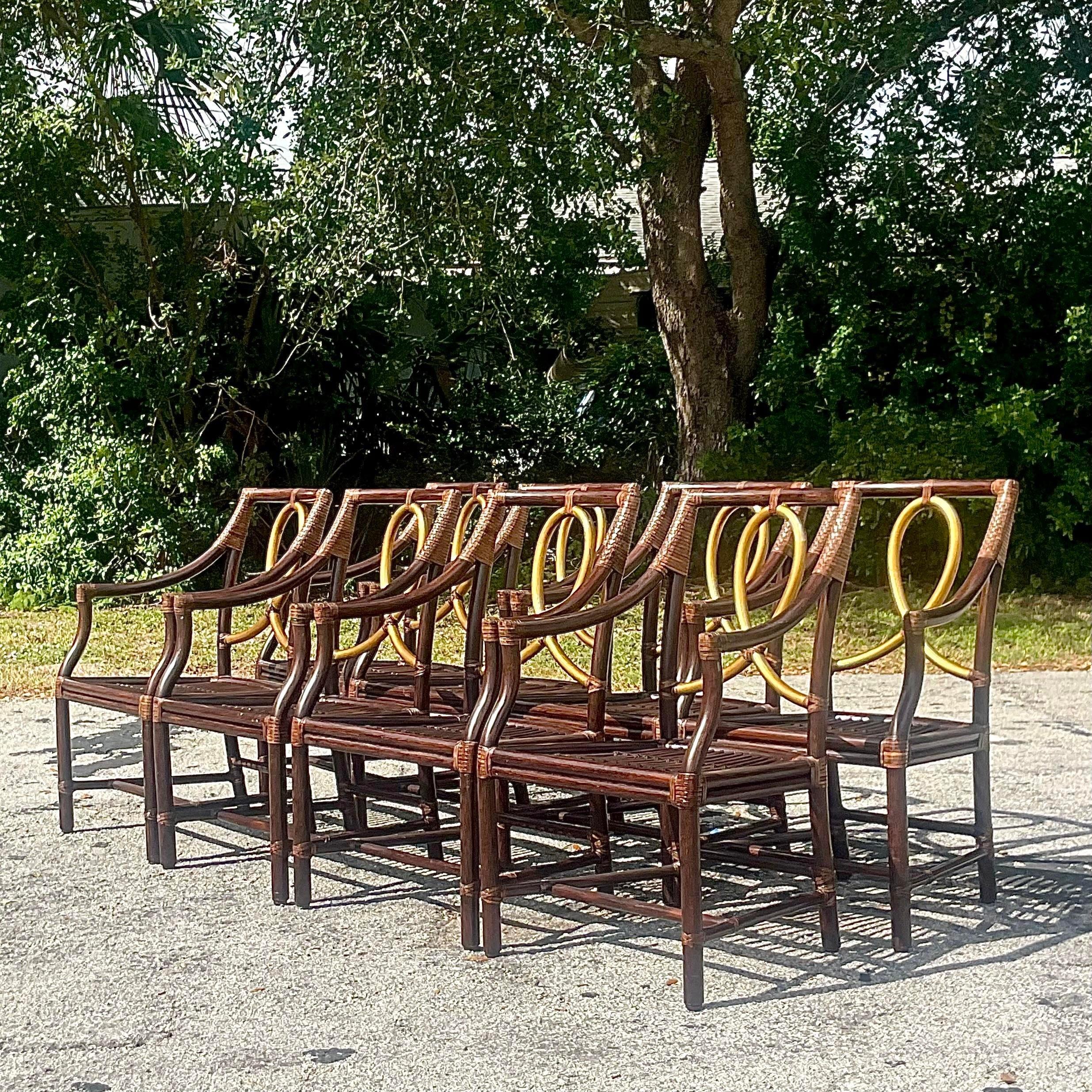 Vintage Coastal Tagged McGuire Gilt Loop Rattan Dining Chairs - Set of 8 For Sale 2