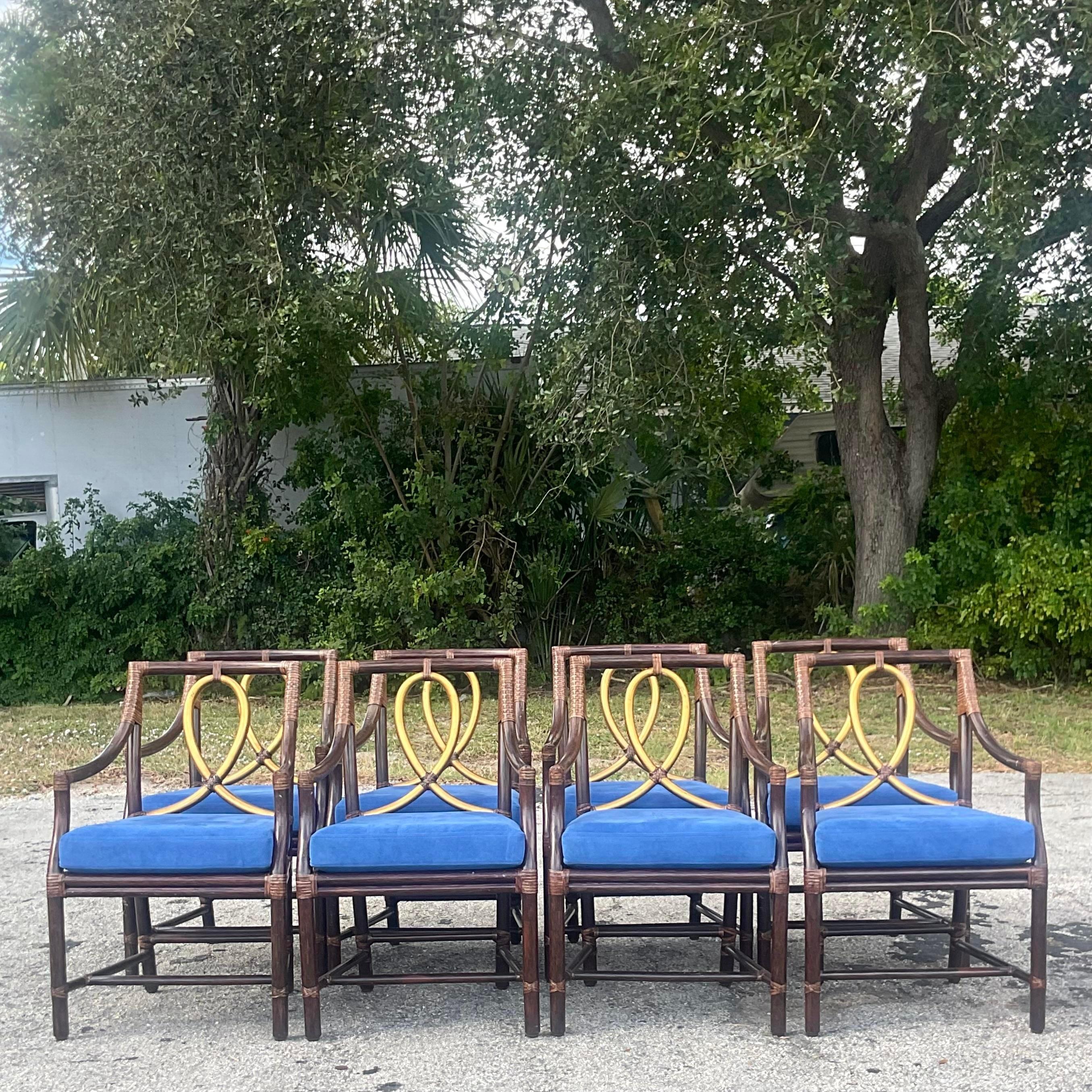 Vintage Coastal Tagged McGuire Vergoldete Rattan-Esszimmerstühle mit Schleife, Vintage, 8er-Set im Angebot 3