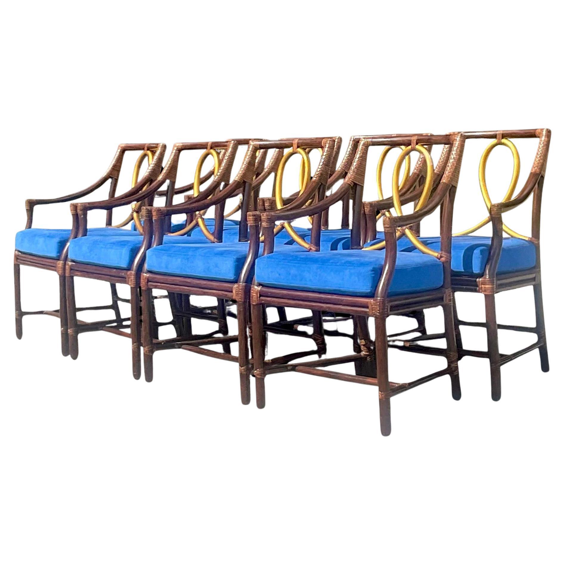 Vintage Coastal Tagged McGuire Vergoldete Rattan-Esszimmerstühle mit Schleife, Vintage, 8er-Set im Angebot