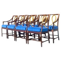 Vintage Coastal Tagged McGuire Gilt Loop Rattan Dining Chairs - Set of 8