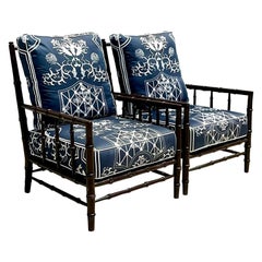 Vintage Coastal Taylor Burke Home Carved Bamboo Lounge Chairs, a Pair