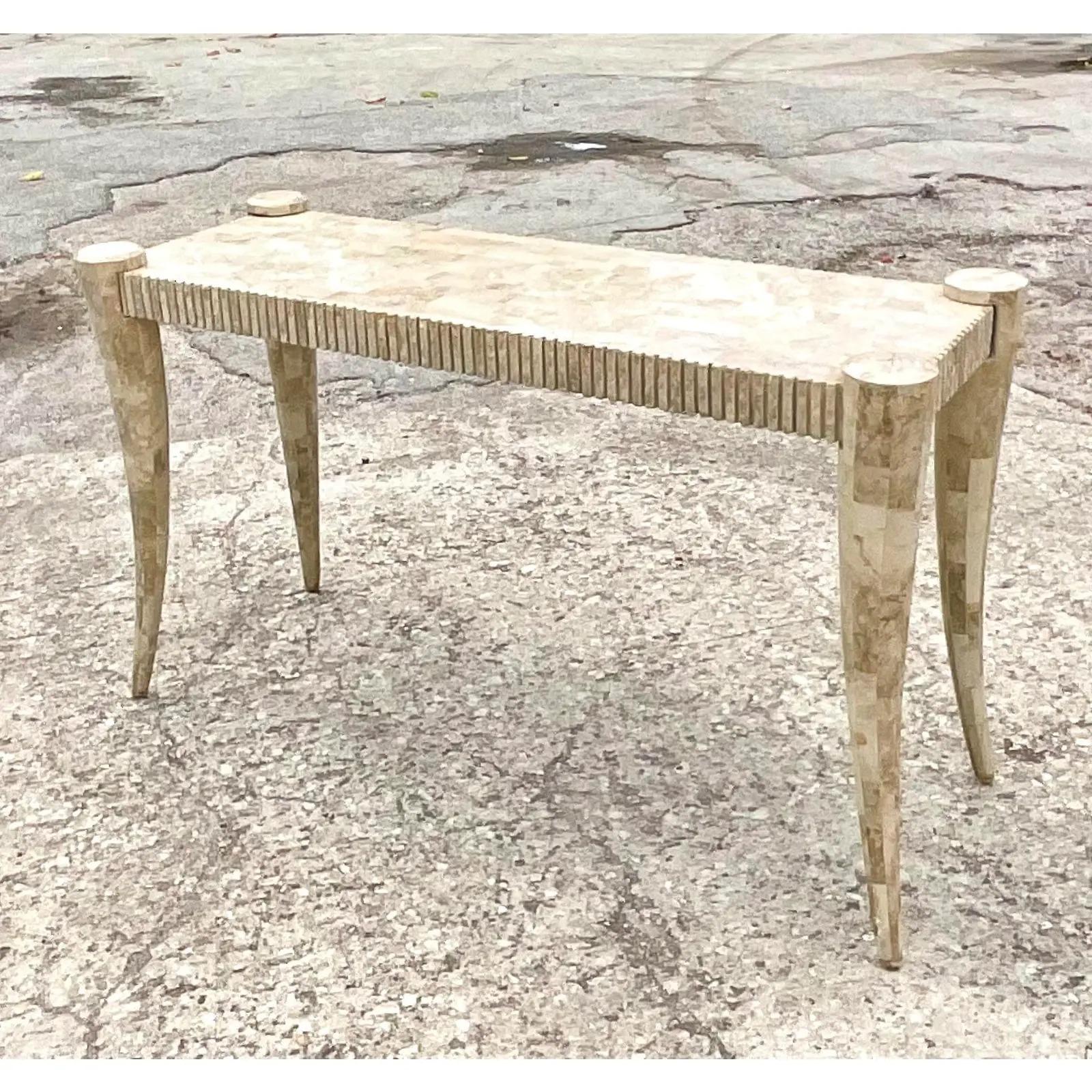 Vintage Coastal Tessellated Stone Console Table In Good Condition In west palm beach, FL