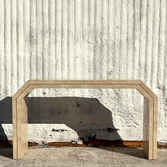 Vintage Coastal Tessellated Stone with Brass Inlay Console Table