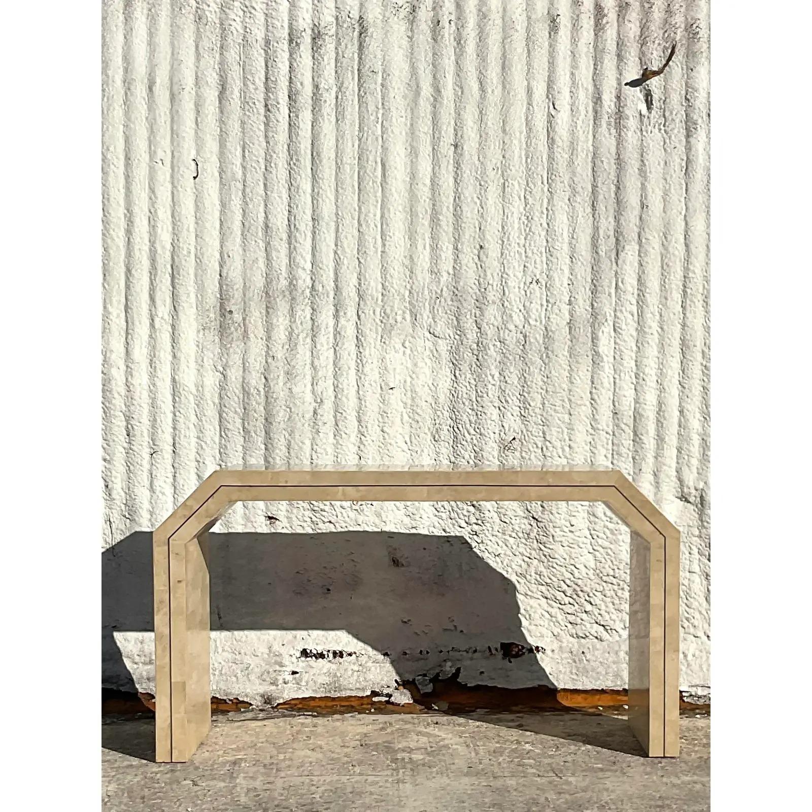 Vintage Coastal Tessellated Stone with Brass Inlay Console Table For Sale 2