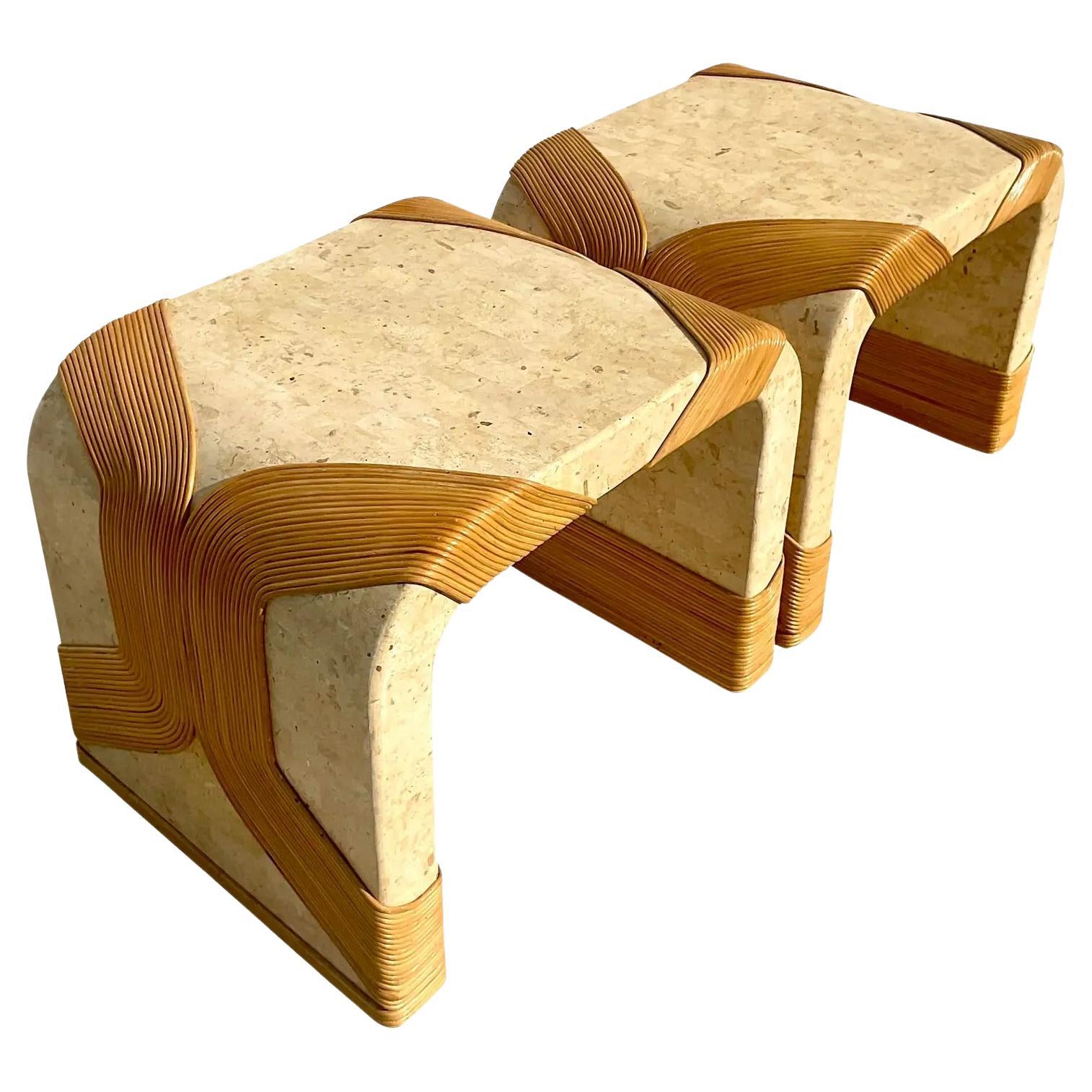 Vintage Contemporary Wood and Chrome Waterfall Side Tables, Pair For