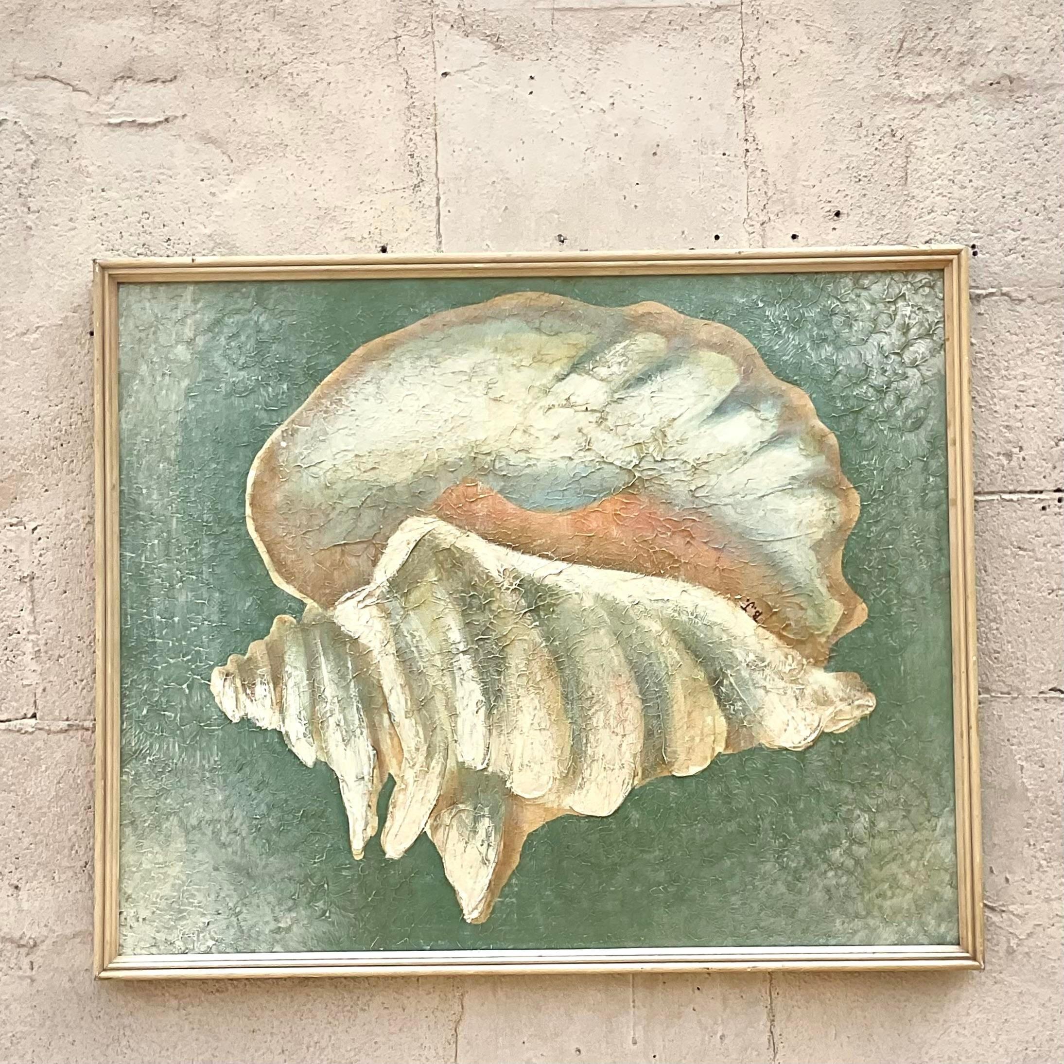 Bereichern Sie Ihren Raum mit dem Gemälde Vintage Coastal Textured Painting Of Conch Shell On Board. Dieses Kunstwerk im amerikanischen Stil fängt die heitere Schönheit der Küste mit strukturierten Pinselstrichen ein. Es ist ein zeitloses Stück, das