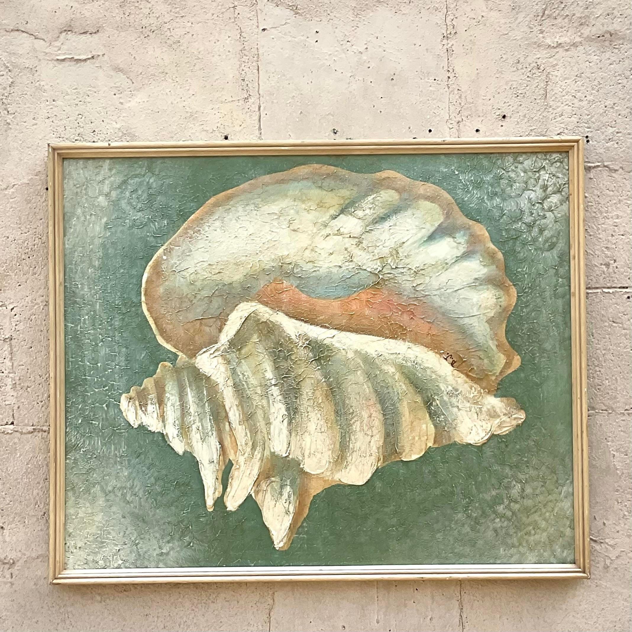 Vintage Coastal strukturierte Malerei von Conch Shell auf dem Brett (Zentralamerikanisch)