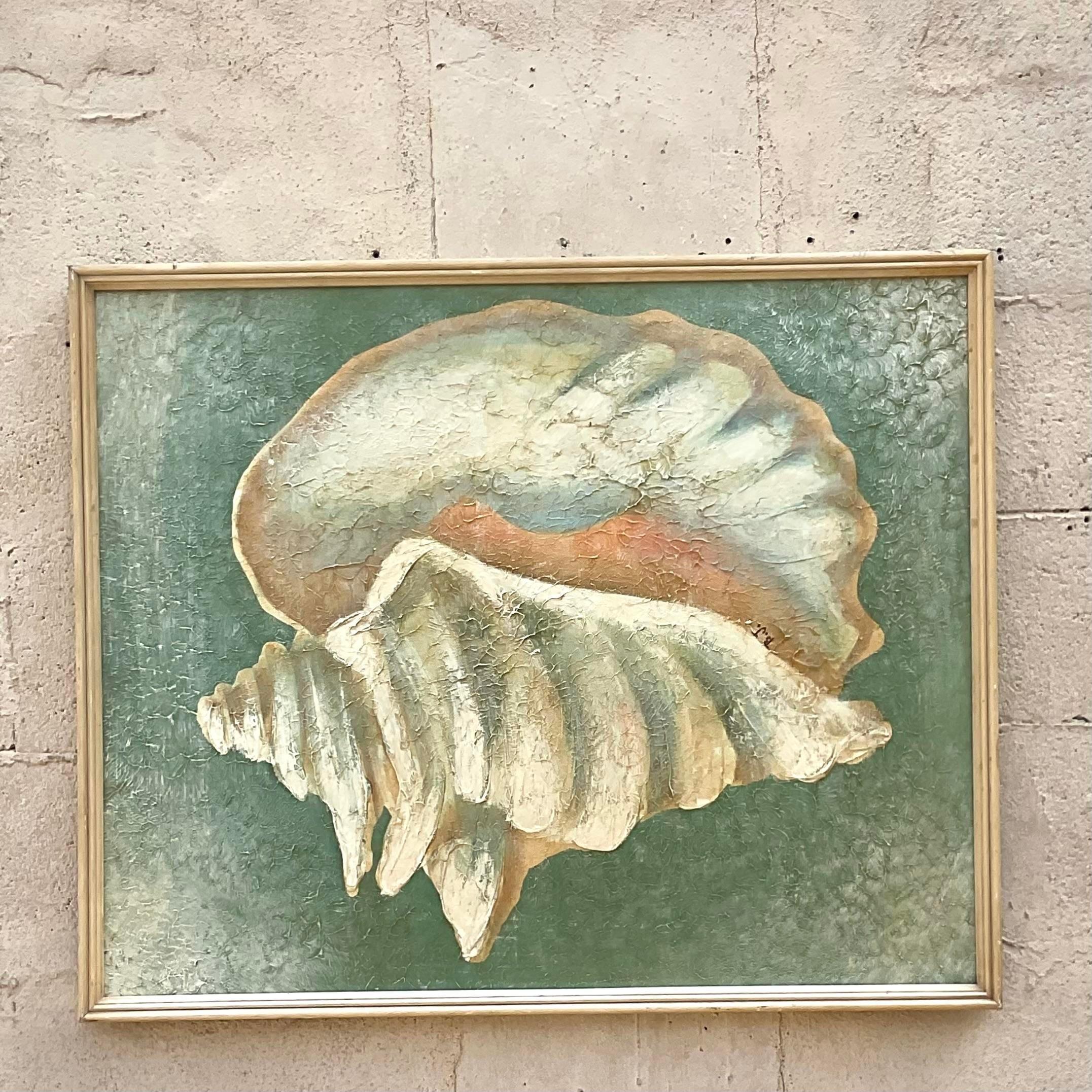 Vintage Coastal strukturierte Malerei von Conch Shell auf dem Brett im Zustand „Gut“ in West Palm Beach, FL