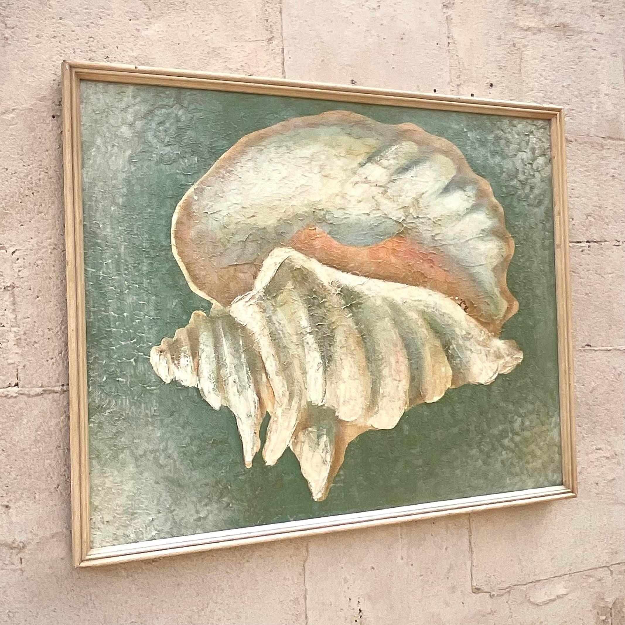 Vintage Coastal strukturierte Malerei von Conch Shell auf dem Brett (20. Jahrhundert)