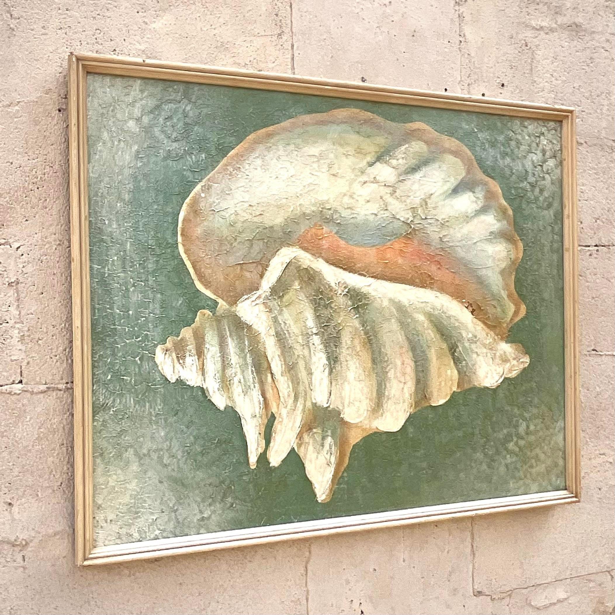 Vintage Coastal strukturierte Malerei von Conch Shell auf dem Brett (Leinwand)