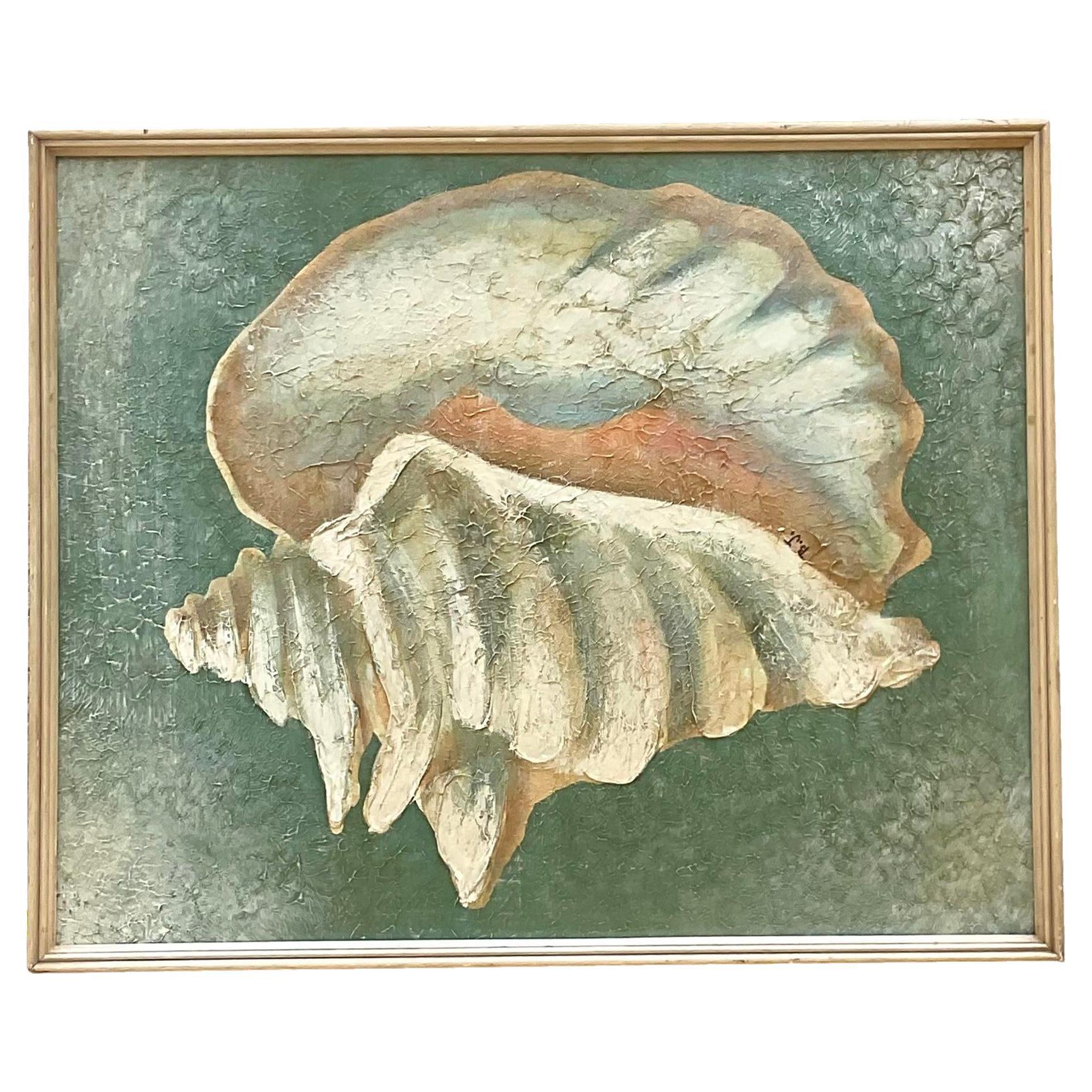 Vintage Coastal Textured Painting of Conch Shell on Board