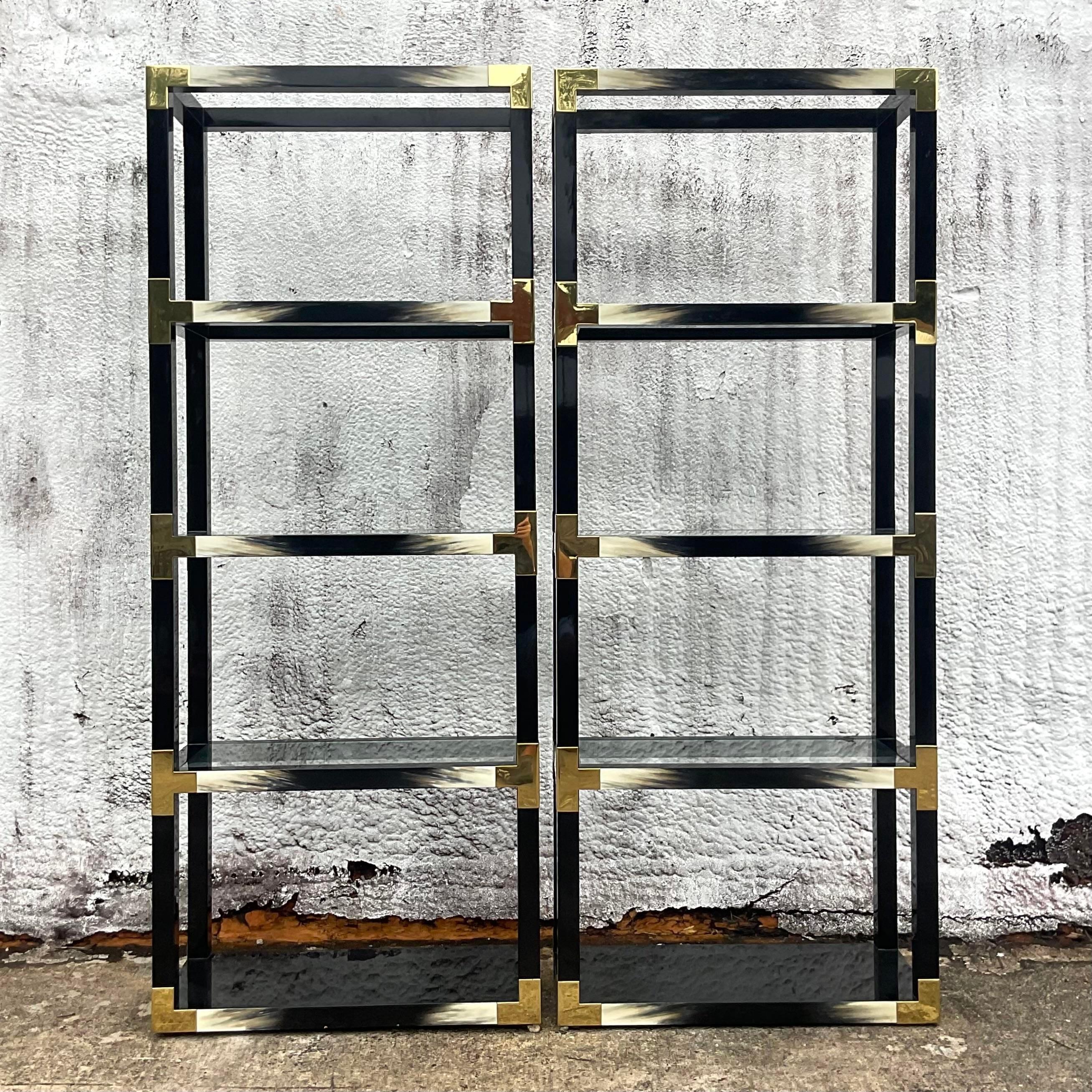 Brass Vintage Coastal Theodore Alexander Faux Horn Etagere - a Pair For Sale