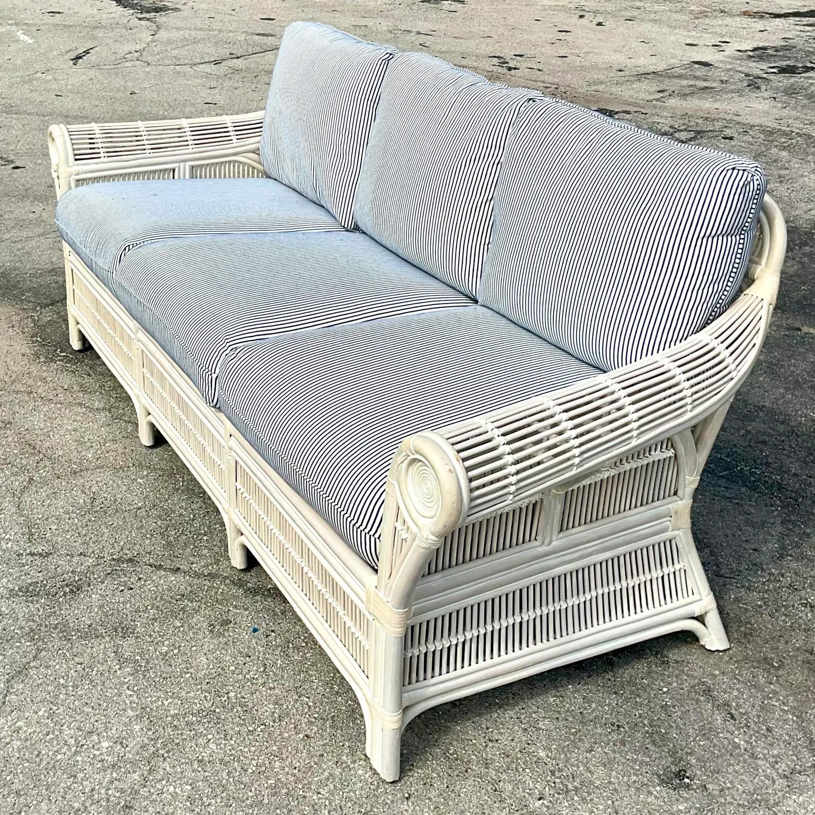 Vintage Coastal Ticking Stripe Rattan Sofa 3