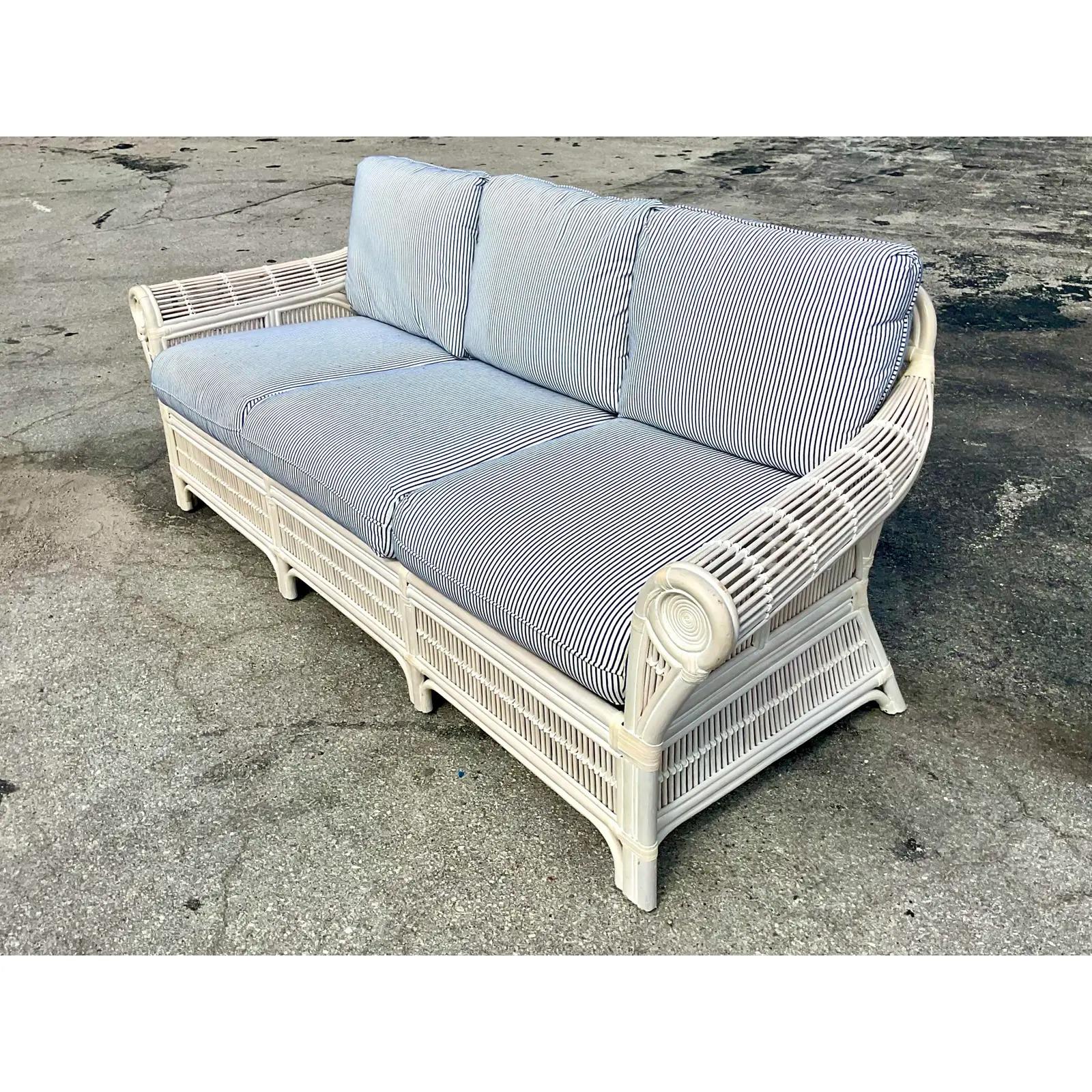 Philippine Vintage Coastal Ticking Stripe Rattan Sofa