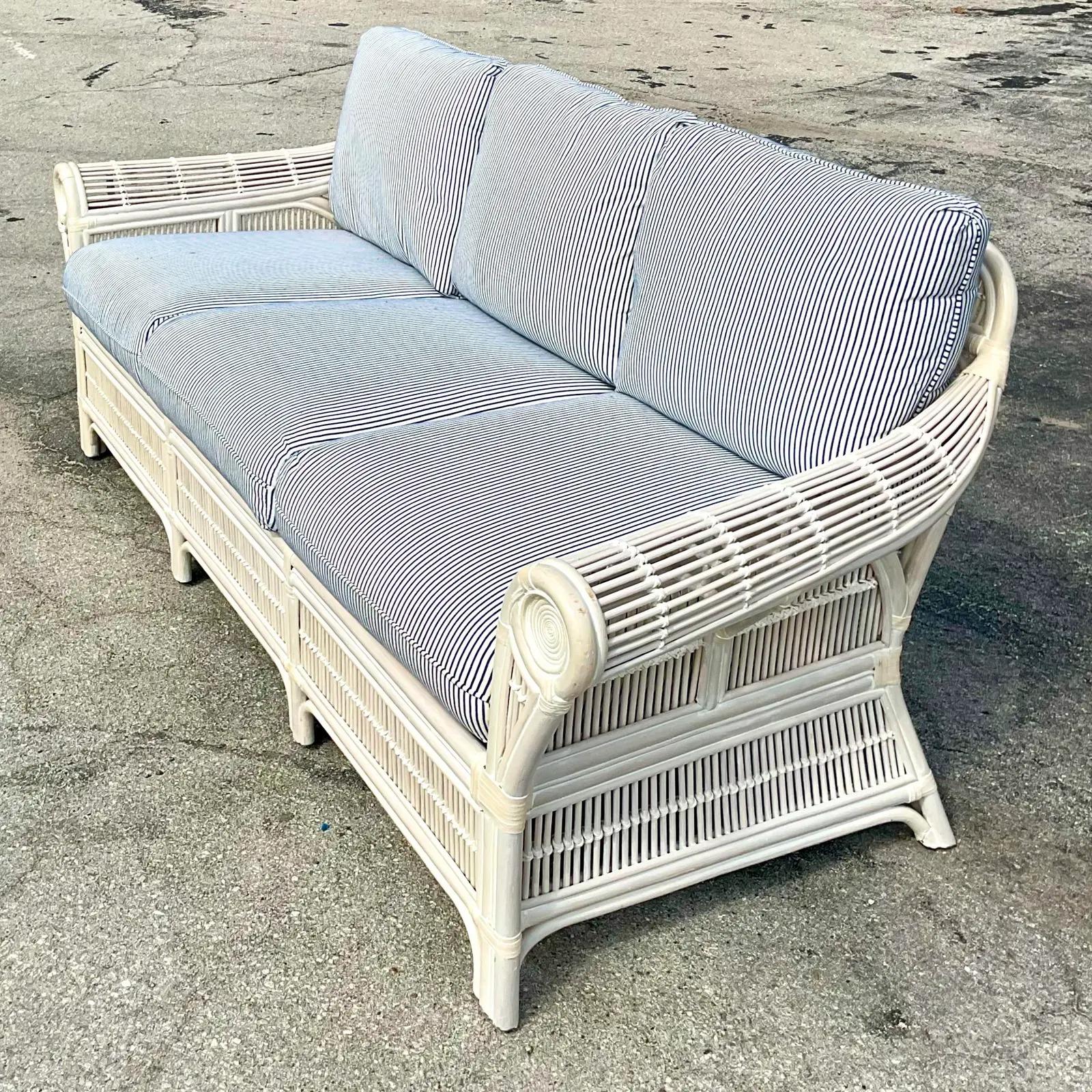 Vintage Coastal Ticking Stripe Rattan Sofa 1