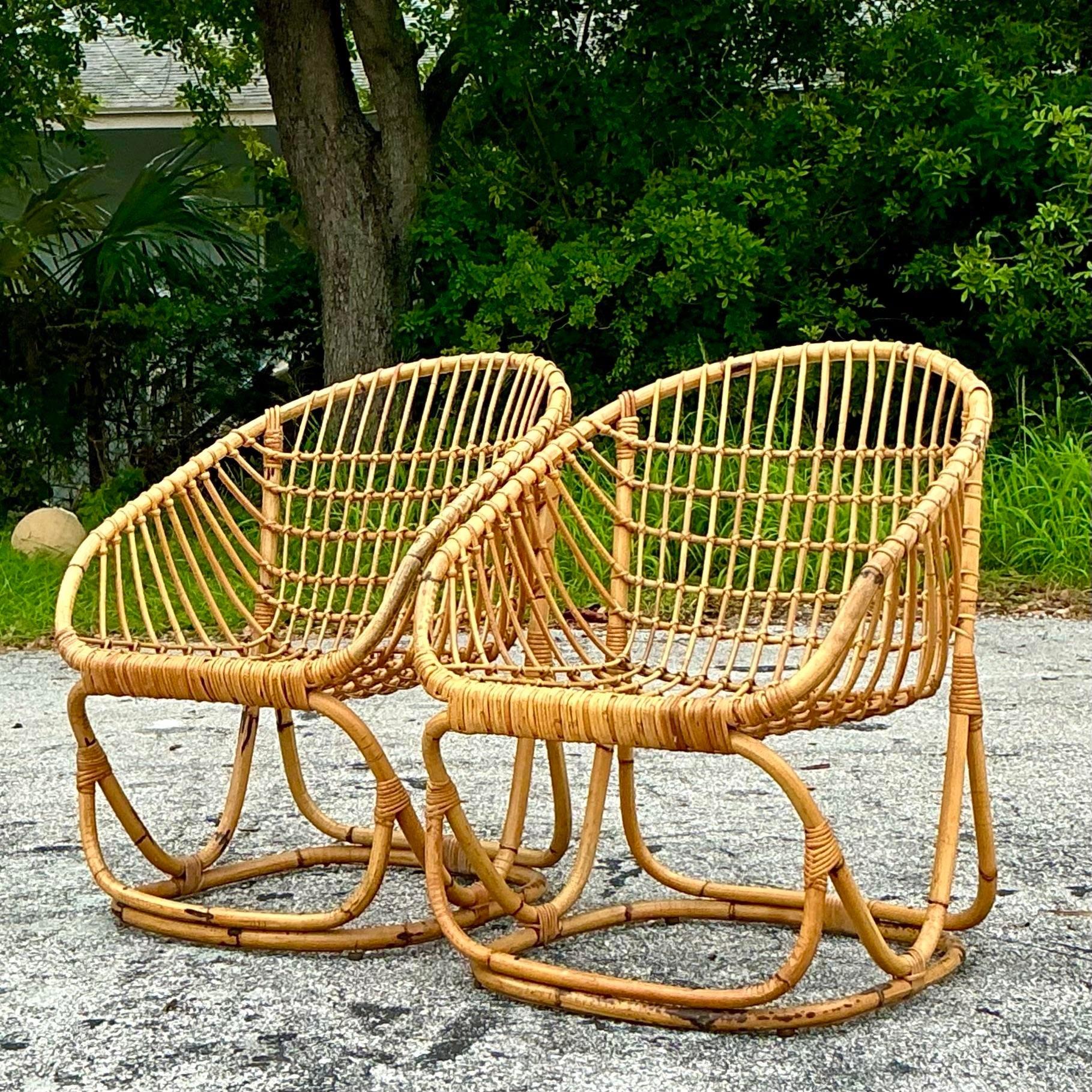 Mid-Century Modern Vintage Coastal Tito Agnoli Woven Rattan Lounge Chairs - a Pair