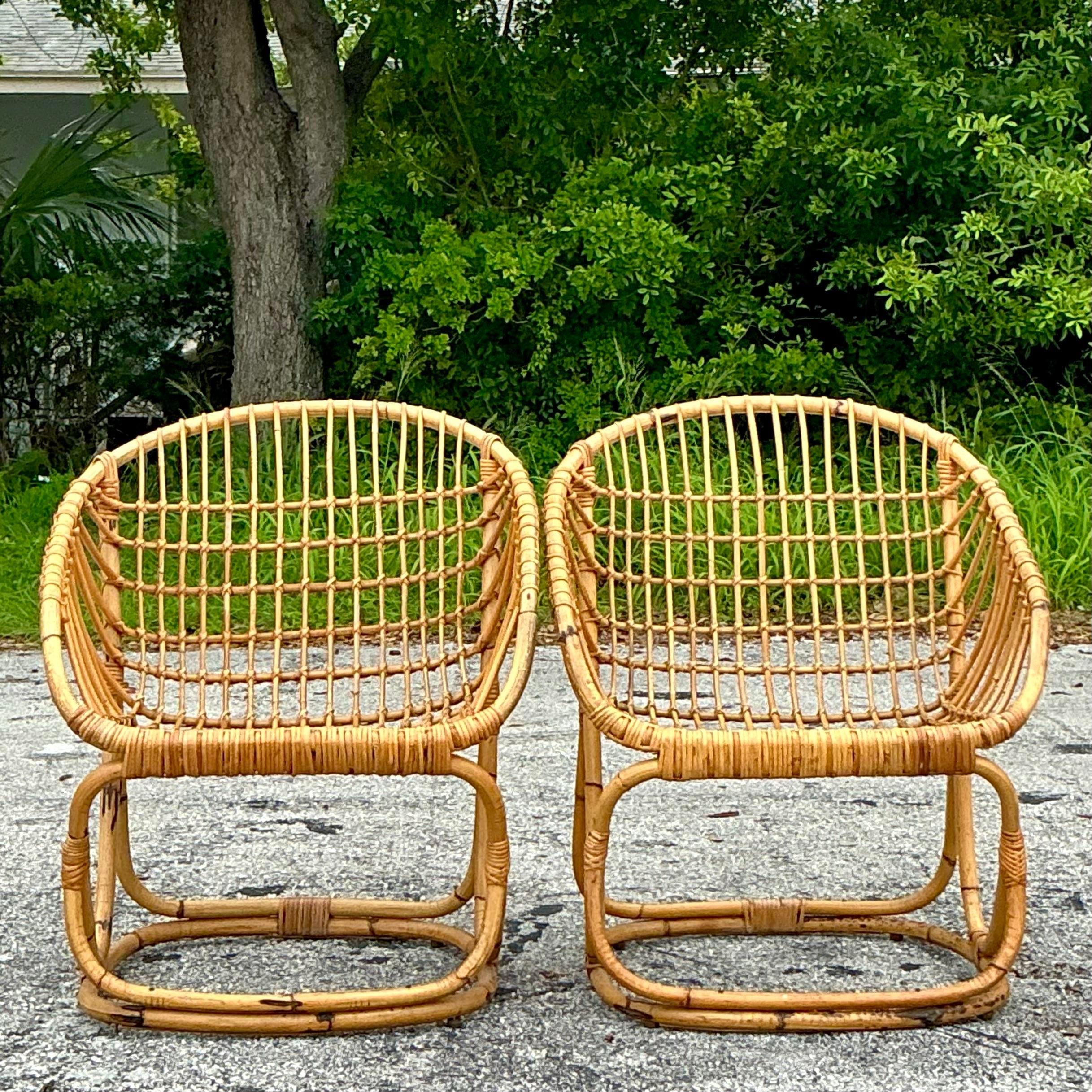 Philippine Vintage Coastal Tito Agnoli Woven Rattan Lounge Chairs - a Pair
