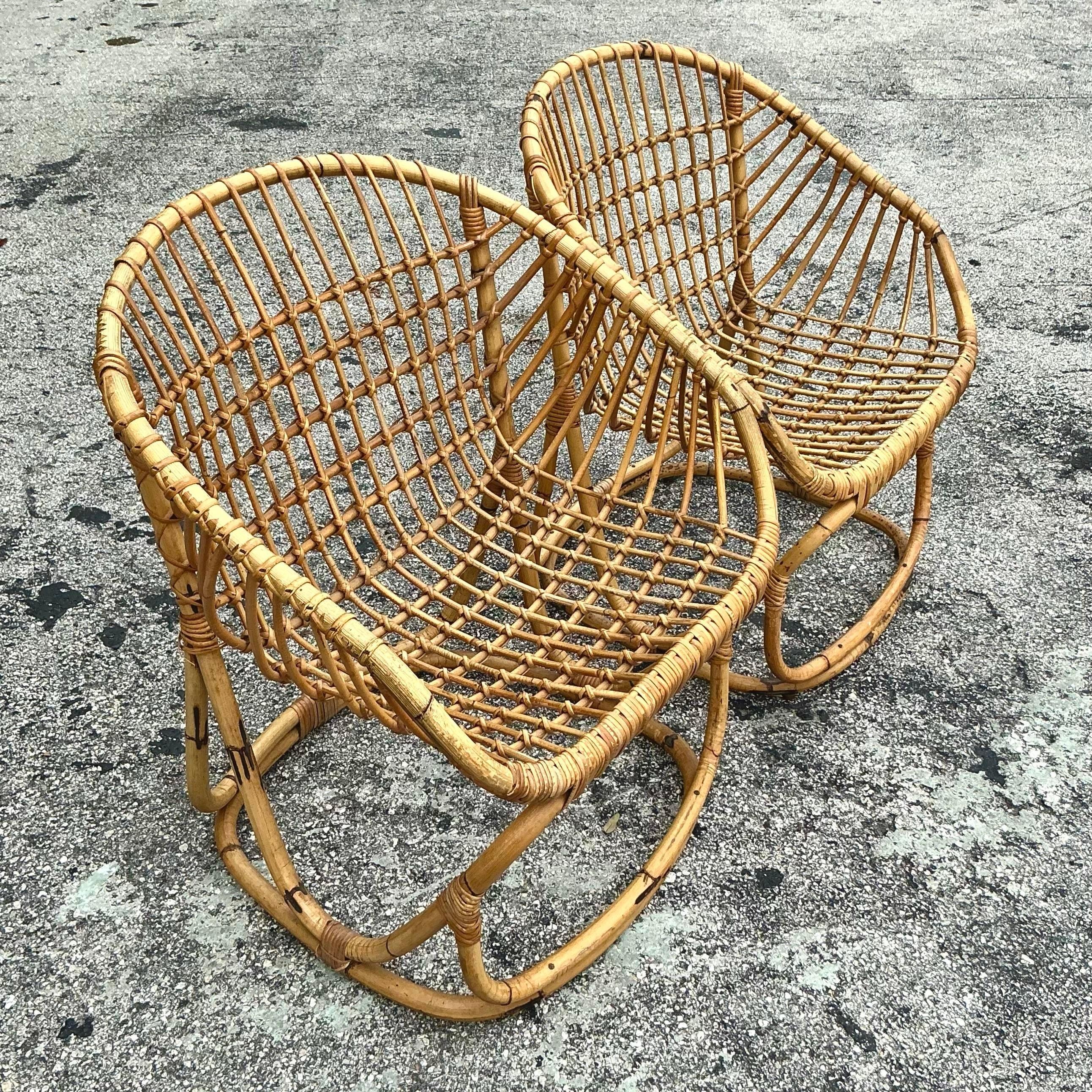 Vintage Coastal Tito Agnoli Woven Rattan Lounge Chairs - a Pair 1