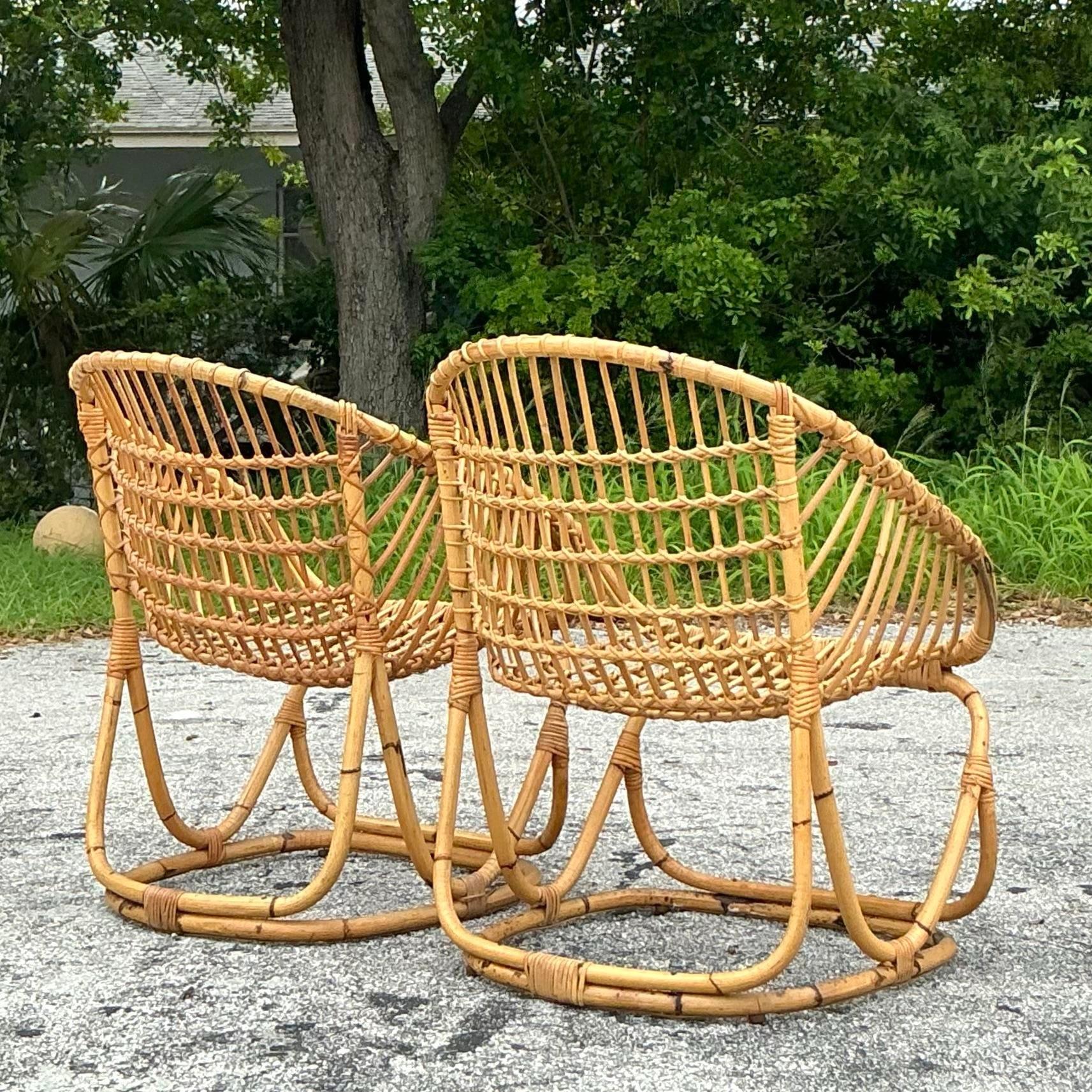 Vintage Coastal Tito Agnoli Woven Rattan Lounge Chairs - a Pair 2