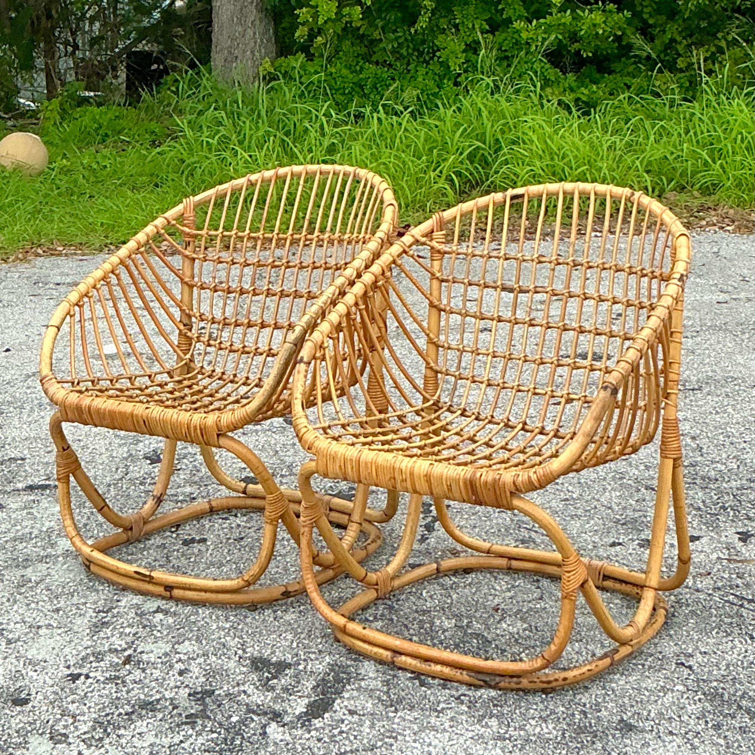Vintage Coastal Tito Agnoli Woven Rattan Lounge Chairs - a Pair 3