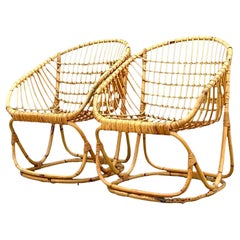 Vintage Coastal Tito Agnoli Woven Rattan Lounge Chairs - a Pair