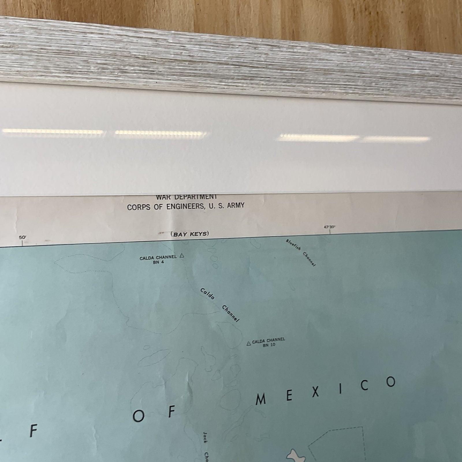 A fabulous vintage Boho framed topographical map. A vintage look at the Straights of Florida, specifically Key West. Part of a series of three maps of Florida all are available. Acquired from a Palm Beach estate.
