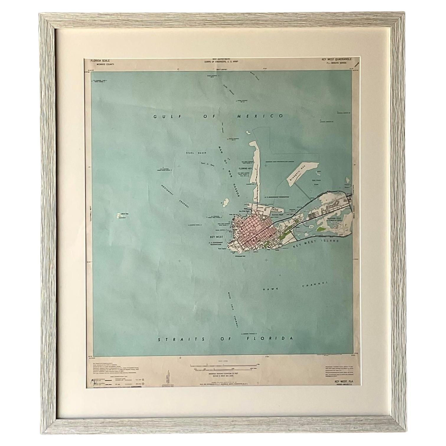 Vintage Coastal Topographical Map of Key West For Sale