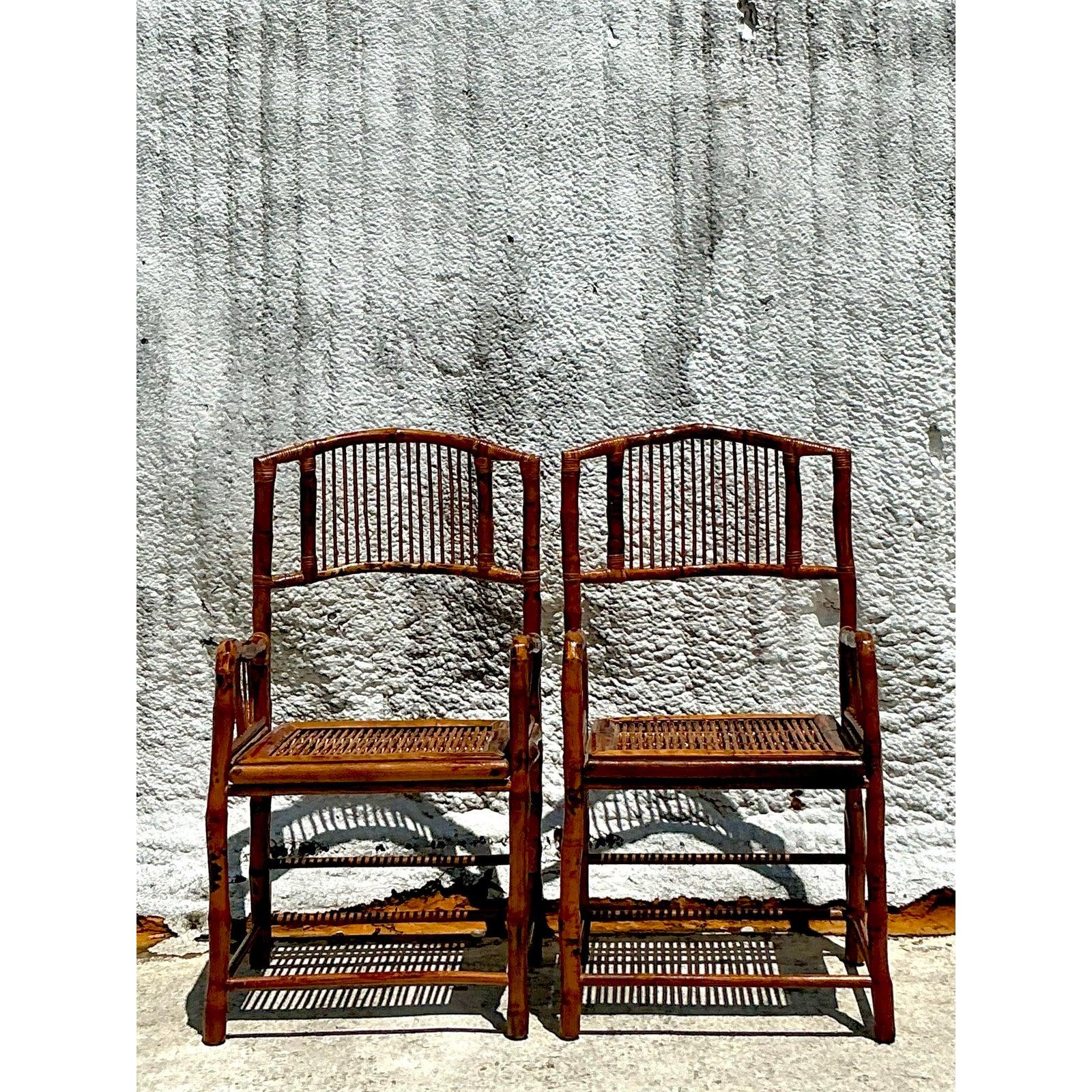 Bambou Fauteuils vintage en bambou tortue de la côte - une paire en vente