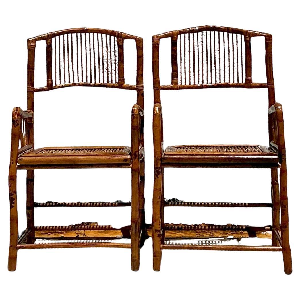 Vintage Coastal Tortoise Bamboo Arm Chairs - A Pair
